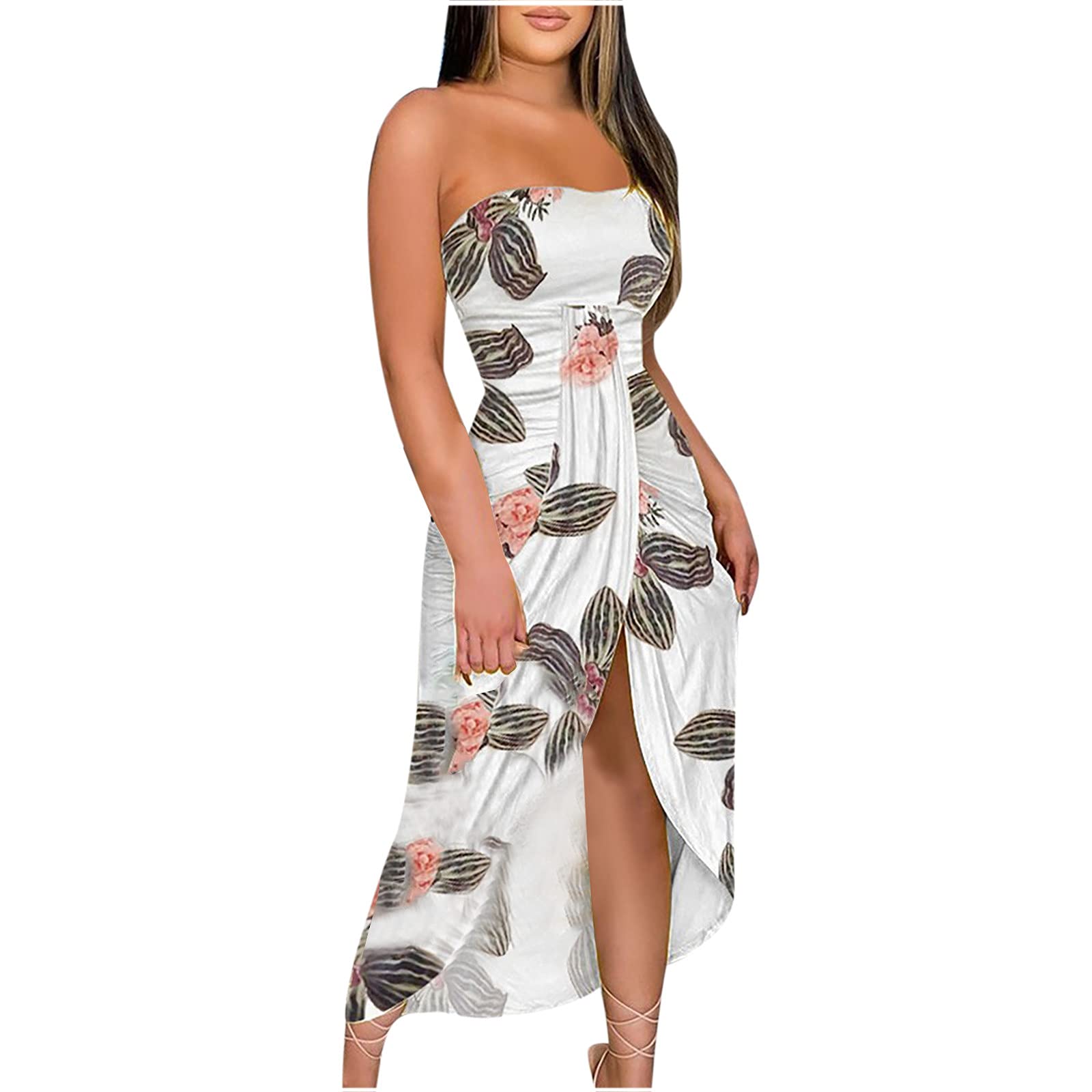 Sexy Off Shoulder Maxi Dress for Women - Floral Summer Beach Dress with Ruched Detail, Hawaiian Tropical Sundress for Vacation, Pool Party & Date Night