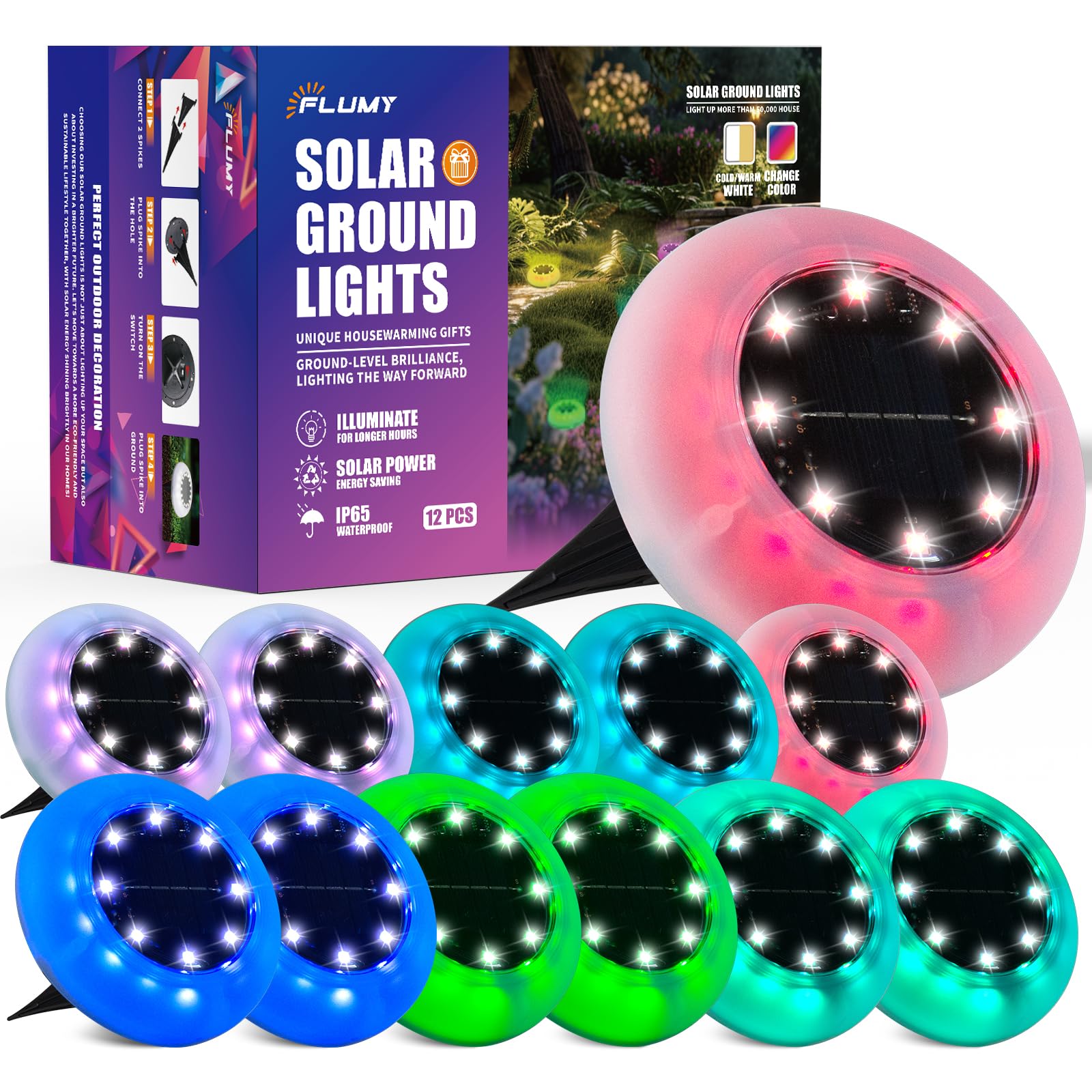 Flumy 12 Pack Solar Color Changing Lights - Waterproof Outdoor Solar Lights for Yard, Garden, Patio, Lawn, Deck, Pathway, Walkway | Perfect for Landscape Lighting, Christmas Decoration & Outdoor Ambiance