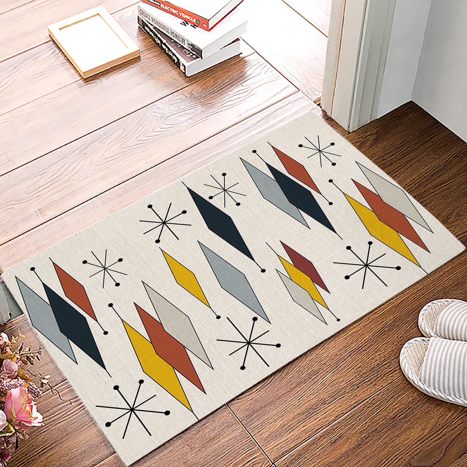 Vintage Mid Century Modern Doormat - Non-Slip Geometric Diamond Pattern Entry Rug - Durable Low Pile Absorbent Floor Mat for Kitchen, Bathroom, Porch & Doorway - 16x24 Inch - Perfect for Retro Home Decor & High Traffic Areas