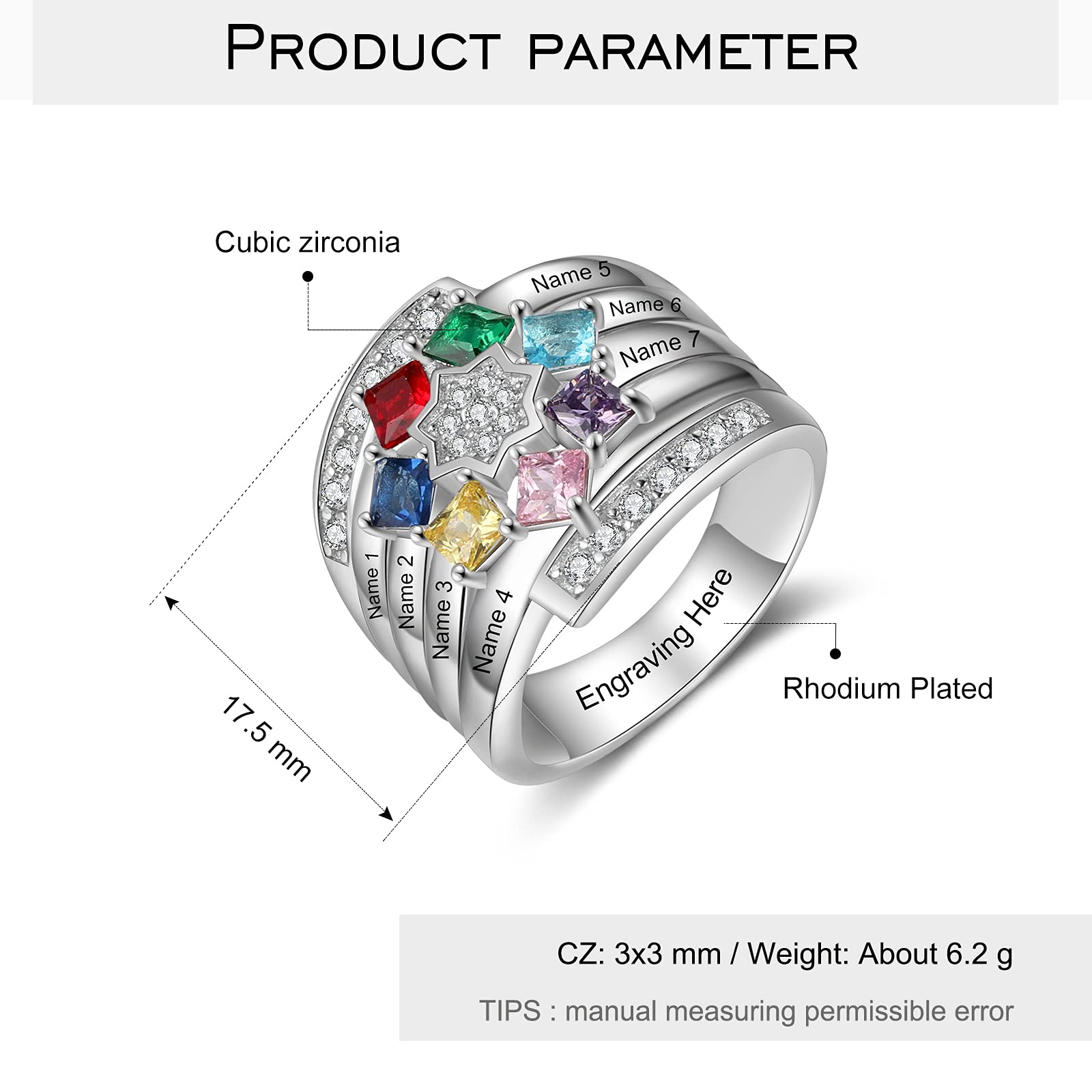 Personalized Grandma Rings with 7 Simulated Birthstones - Custom Engraved 7 Names Family Jewelry for Women - Mother Daughter Promise Rings - Perfect Gift for Birthday, Mother's Day & Family Reunions