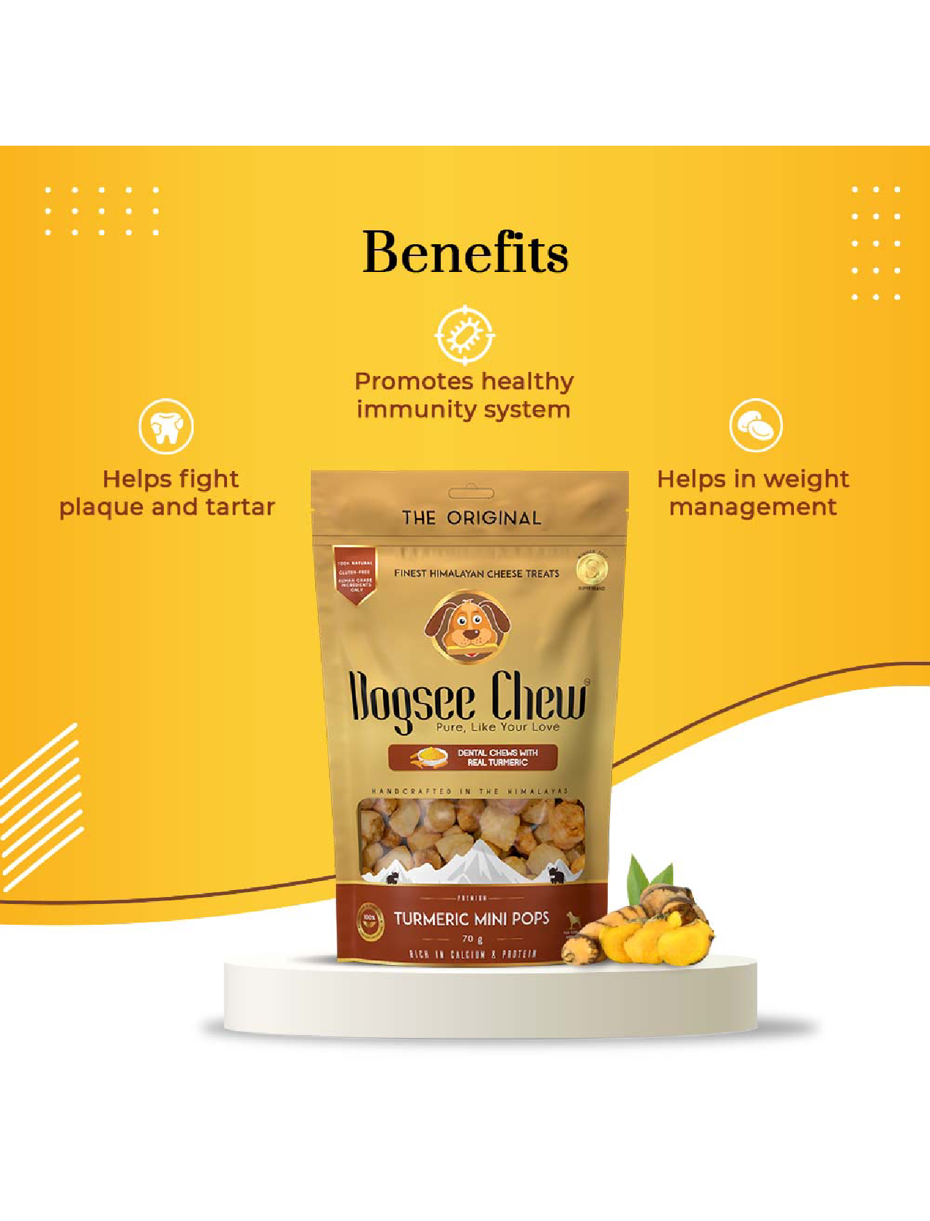 Organic Himalayan Cheese Dog Treats with Turmeric - 70g Mini Pops for Small & Medium Dogs - Healthy Training Snacks & Dental Chews for Puppies & Adult Dogs - Perfect for Travel, Outdoor Adventures & Reward Training