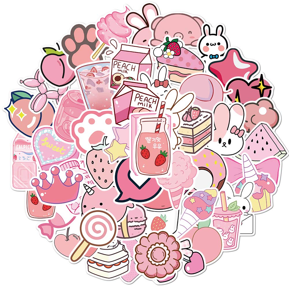 Tuqiso 50-Pack Cute Pink Waterproof Vinyl Stickers - Aesthetic VSCO Decals for Hydro Flask, Water Bottles, Laptops, Skateboards & Luggage - Perfect for Teens, Girls & Kids Room Decor, School Supplies & Travel Accessories