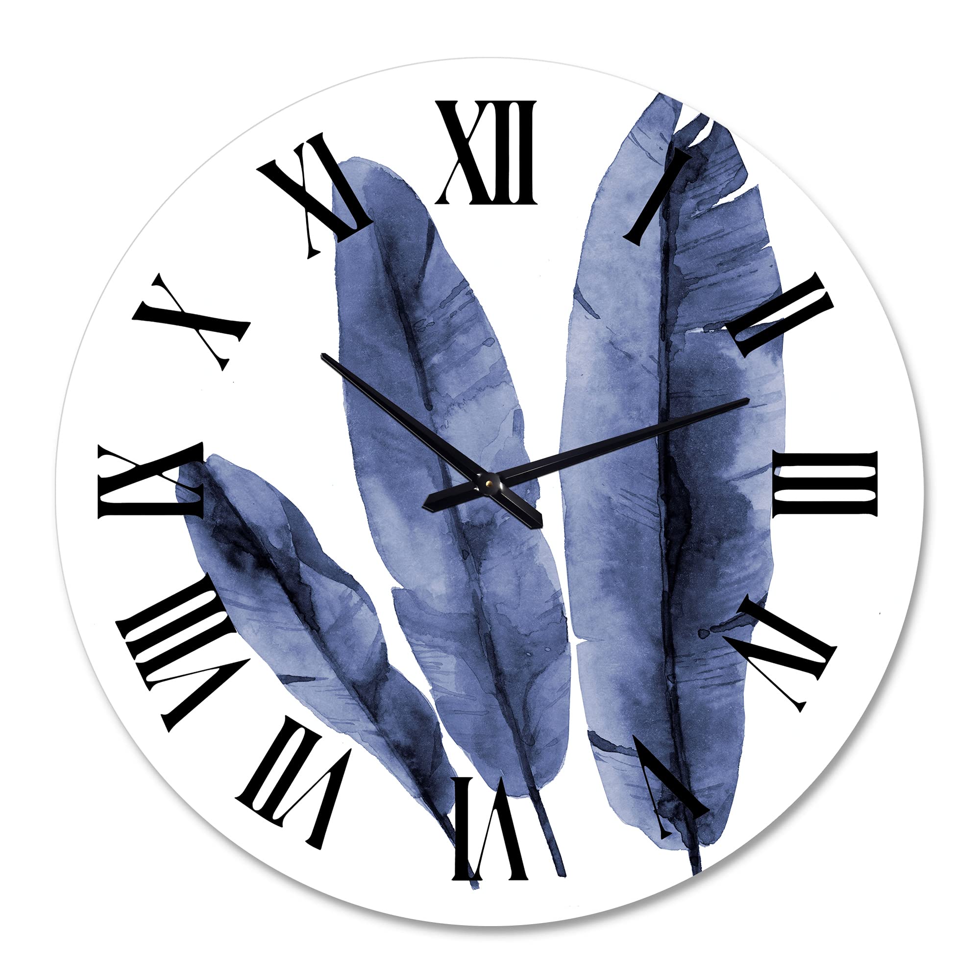 DesignQ Tropical Wall Clock - Navy Blue Banana Leaves Floral Botanical Decor for Living Room, Bedroom, Kitchen | Large Modern Wall Clock for Home & Office
