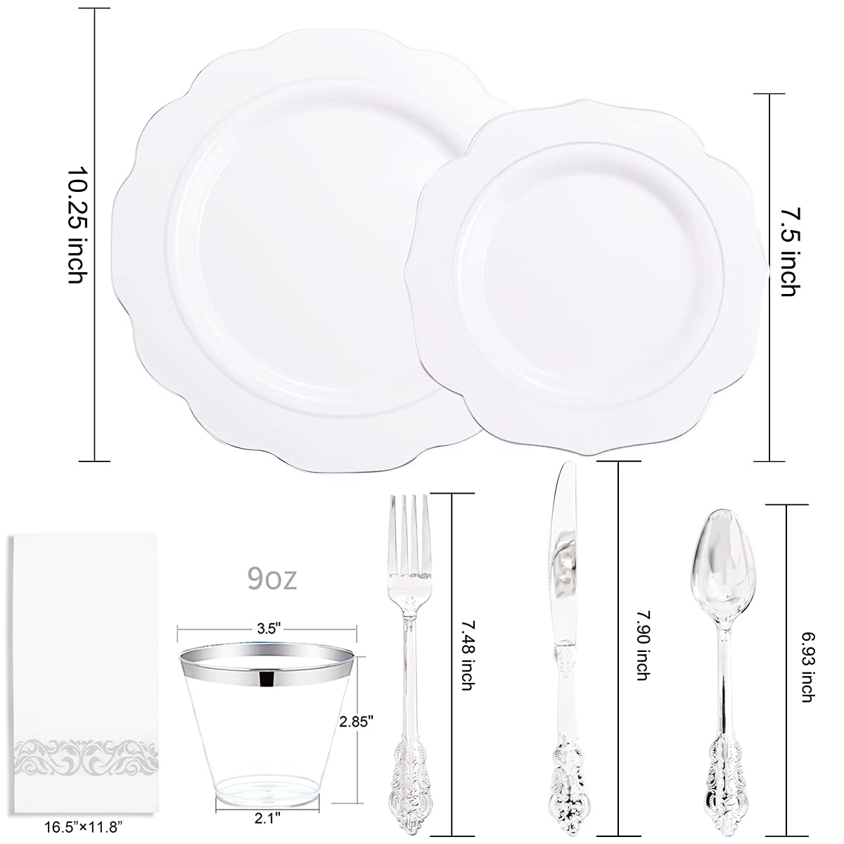 NOCCUR 175-Piece Silver Plastic Dinnerware Set - 25 Dinner Plates, 25 Dessert Plates, 25 Forks, 25 Knives, 25 Spoons - Elegant Silver Rim Disposable Tableware for Christmas, Weddings, Parties & Events - Perfect for Holiday Gatherings, Catering & Buffet Service