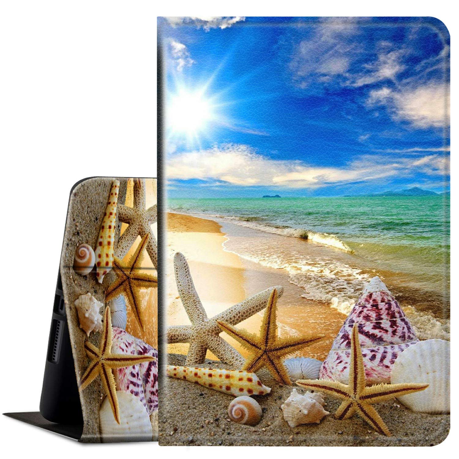 Premium Protective Case for Amazon Kindle Fire 7 Tablet (9th/7th/5th Gen, 2019/2017/2015 Models) - Multi-Angle Stand Folio Cover with Anti-Slip Design - Beach Seashells Pattern - Perfect for Reading, Travel & Home Use
