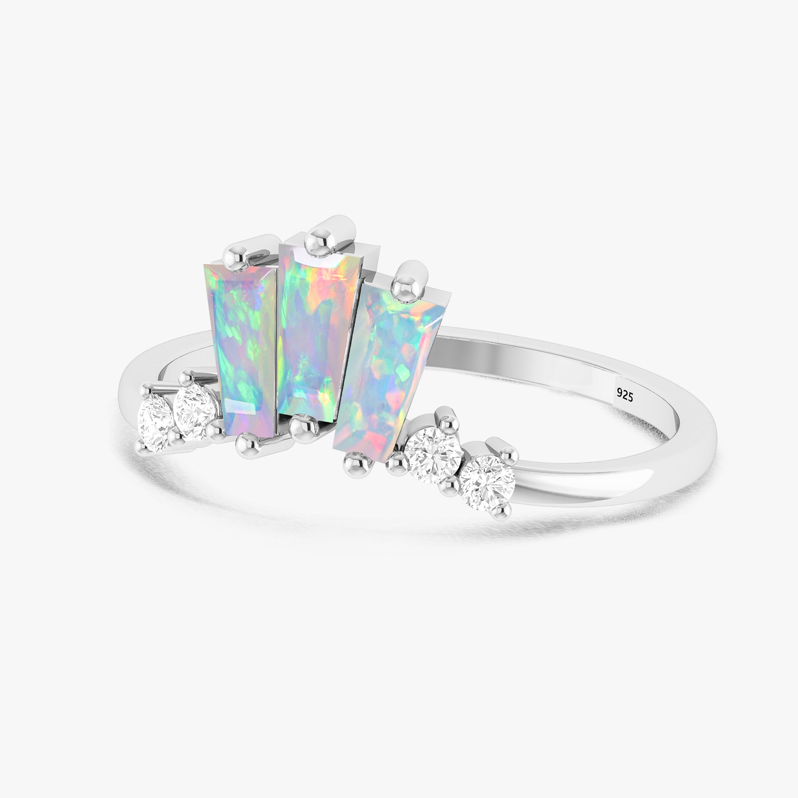 Baguette White Opal Ring with CZ Stones – Elegant Dainty Jewelry for Women | Perfect for Weddings, Anniversaries & Everyday Wear