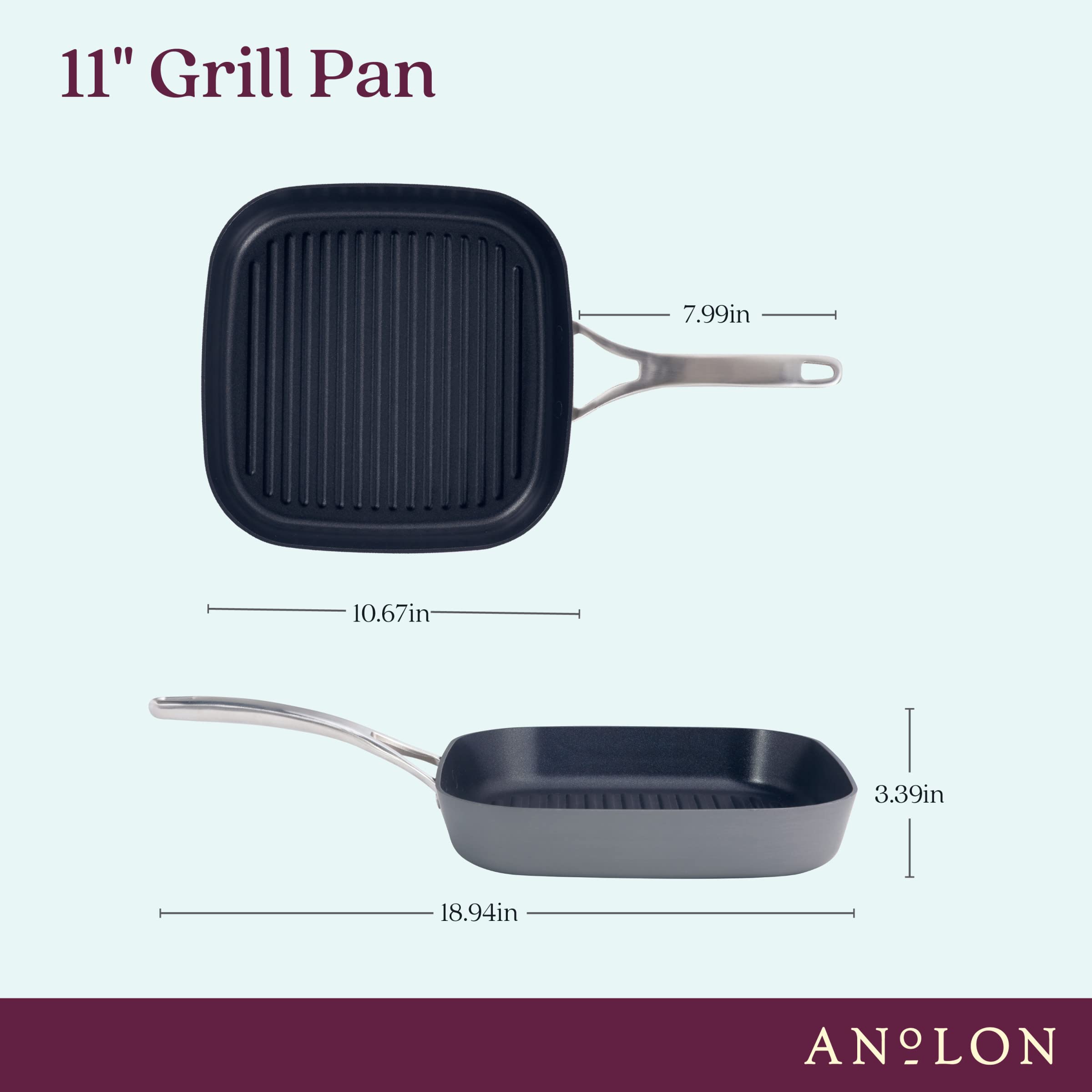 Anolon Allure 11-Inch Hard Anodized Nonstick Deep Square Griddle Pan & Grill - Dark Gray | Perfect for Indoor/Outdoor Cooking, Grilling, Searing & Serving Steaks, Burgers & Breakfast Foods