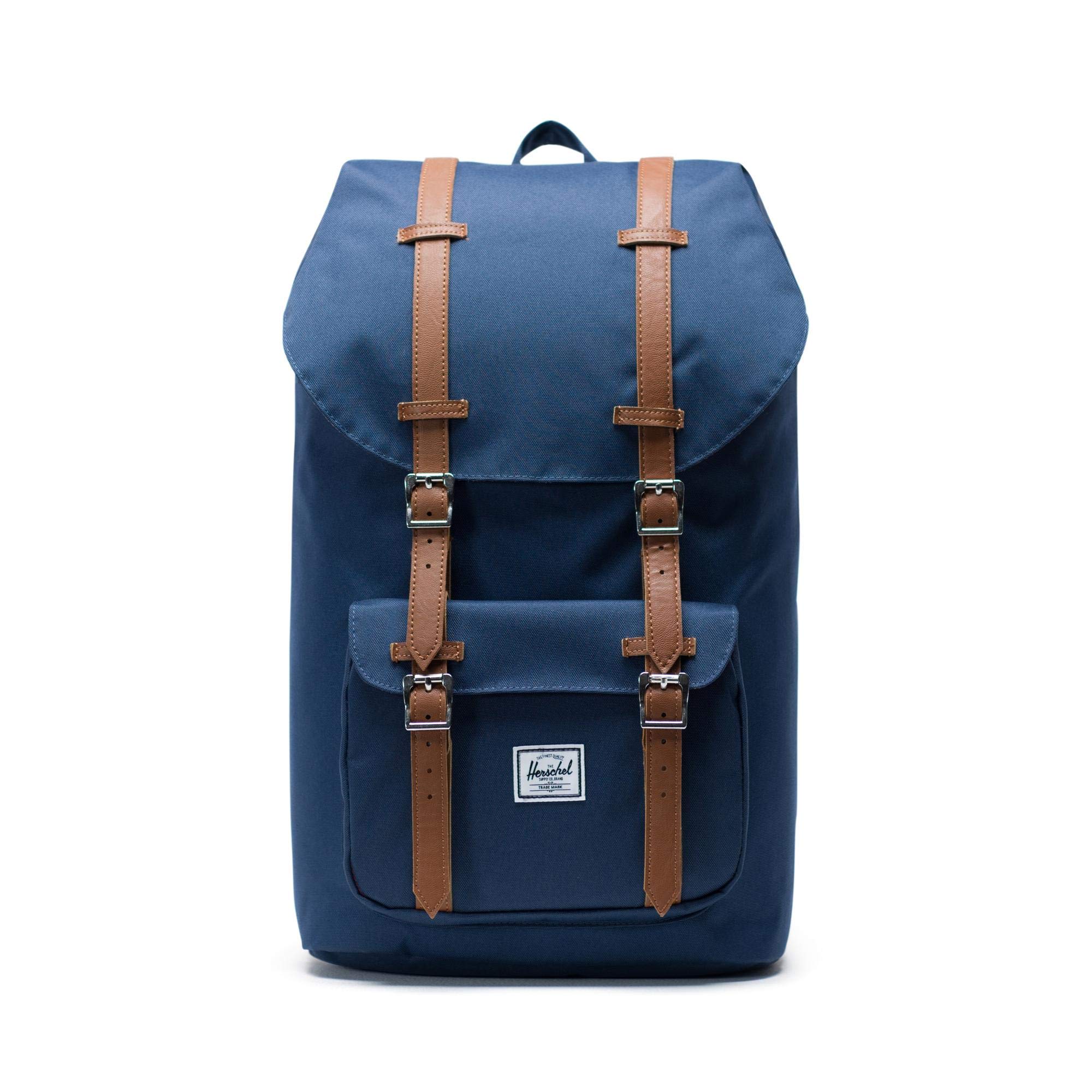 Herschel Little America Laptop Backpack 25L - Water-Resistant Synthetic Leather, Navy/Tan - Perfect for Work, School & Travel - Fits 15