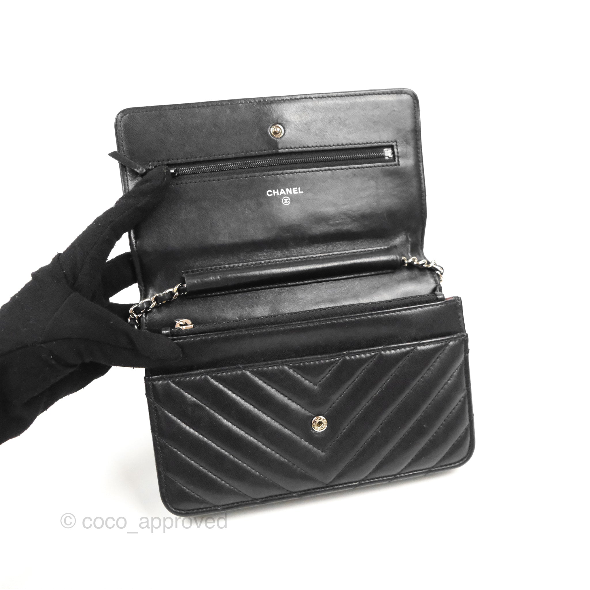 Chanel Classic Chevron Wallet on Chain WOC - Black Lambskin Leather with Silver Hardware | Crossbody Bag for Women, Perfect for Evening Events & Daily Use