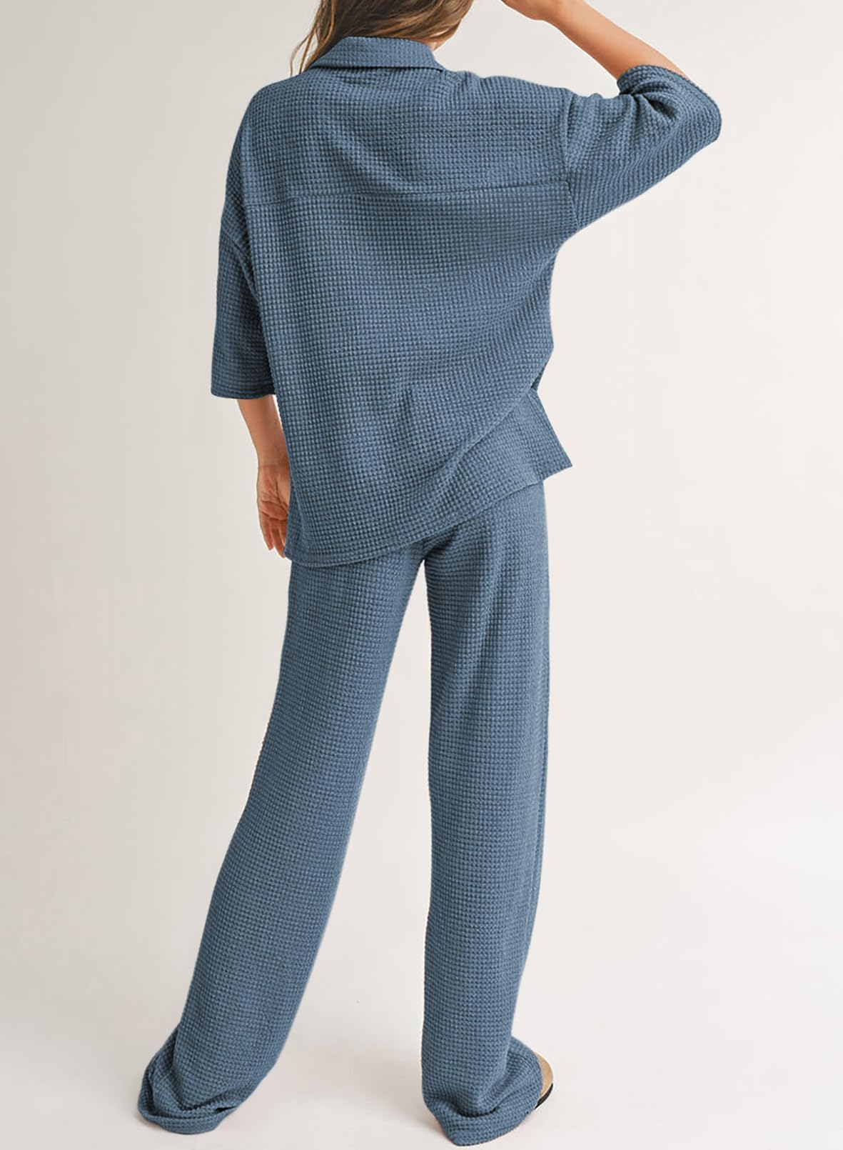 SHEWIN Women's 2 Piece Waffle Knit Lounge Set - Soft Short Sleeve Button Down Sleepwear & Pajama Outfit for Home, Travel & Relaxation | Comfortable Casual Loungewear Set