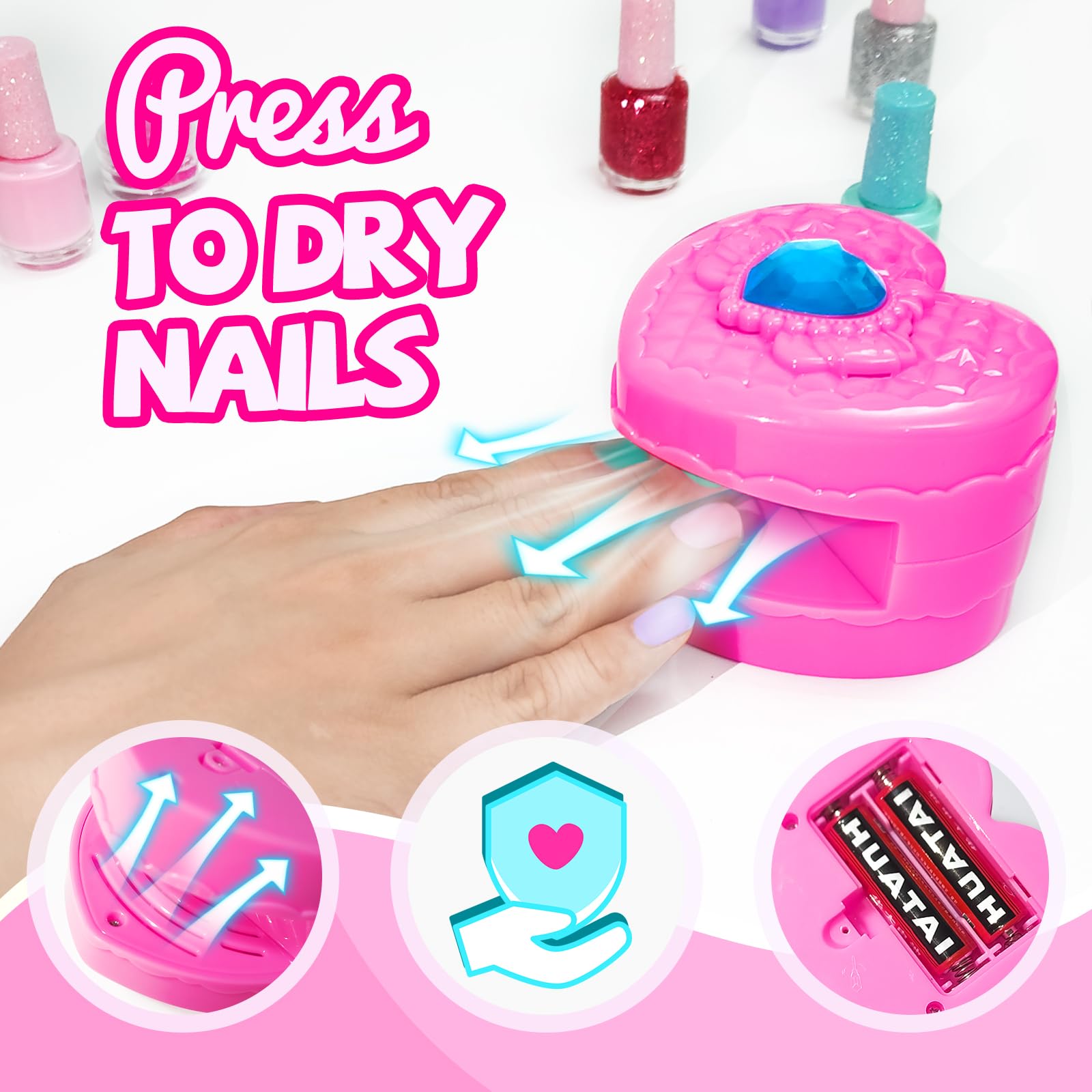 Non-Toxic Kids Nail Polish Set for Girls Ages 5-12 | 12 Colors Safe Nail Art Kit with Nail Dryer, Glitter Powder, False Nails & DIY Stickers | Perfect Birthday & Christmas Gift for Little Girls | Fun Party & Playtime Nail Salon Activity