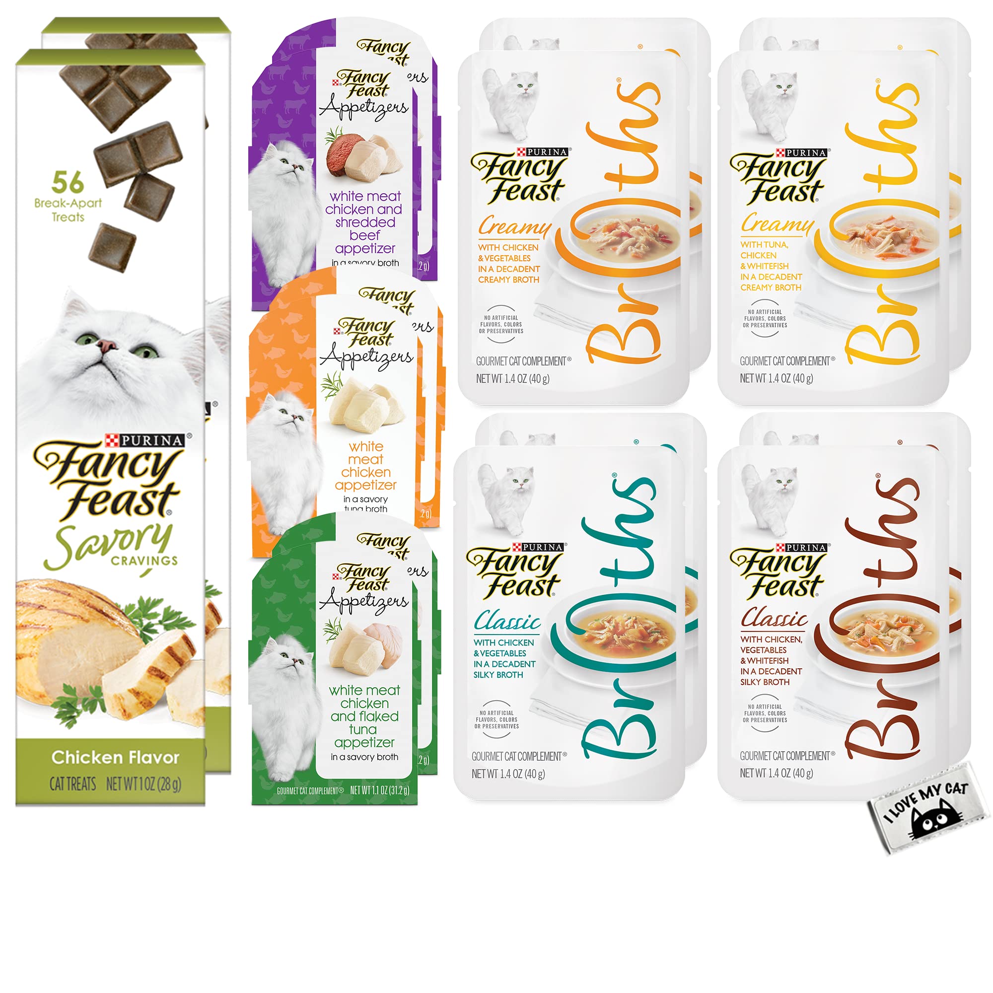 Fancy Feast Chicken Variety Pack for Cats - Chicken Savory Cravings, Appetizers & Broths with Free 'I Love My Cat' Sticker | Perfect for Mealtime Variety & Special Treats