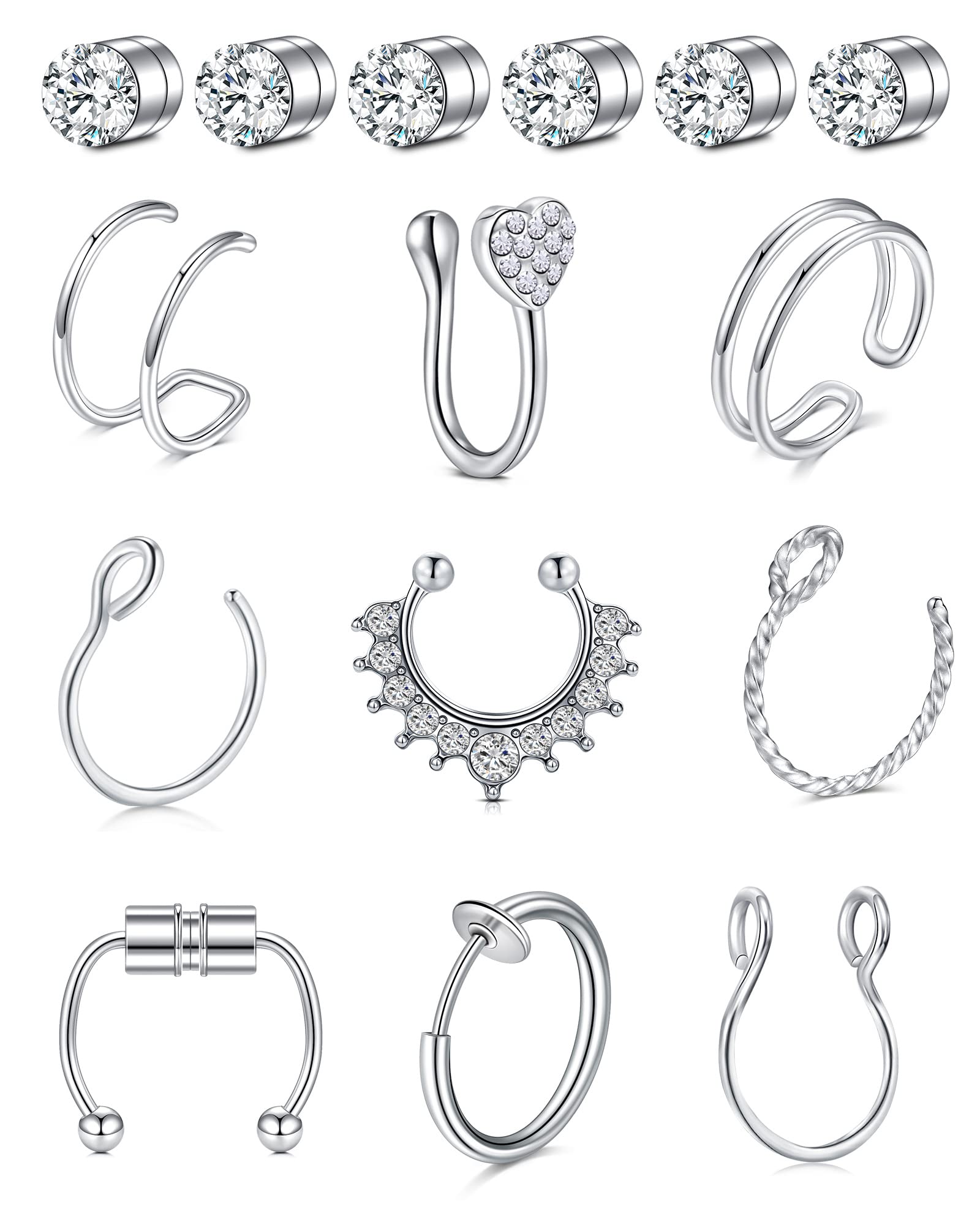 QWALIT Fake Nose Rings & Septum Piercings - Clip On Non-Piercing Nose Hoops for Women & Men | Faux Nose Jewelry for Costume Parties, Halloween & Fashion Accessories