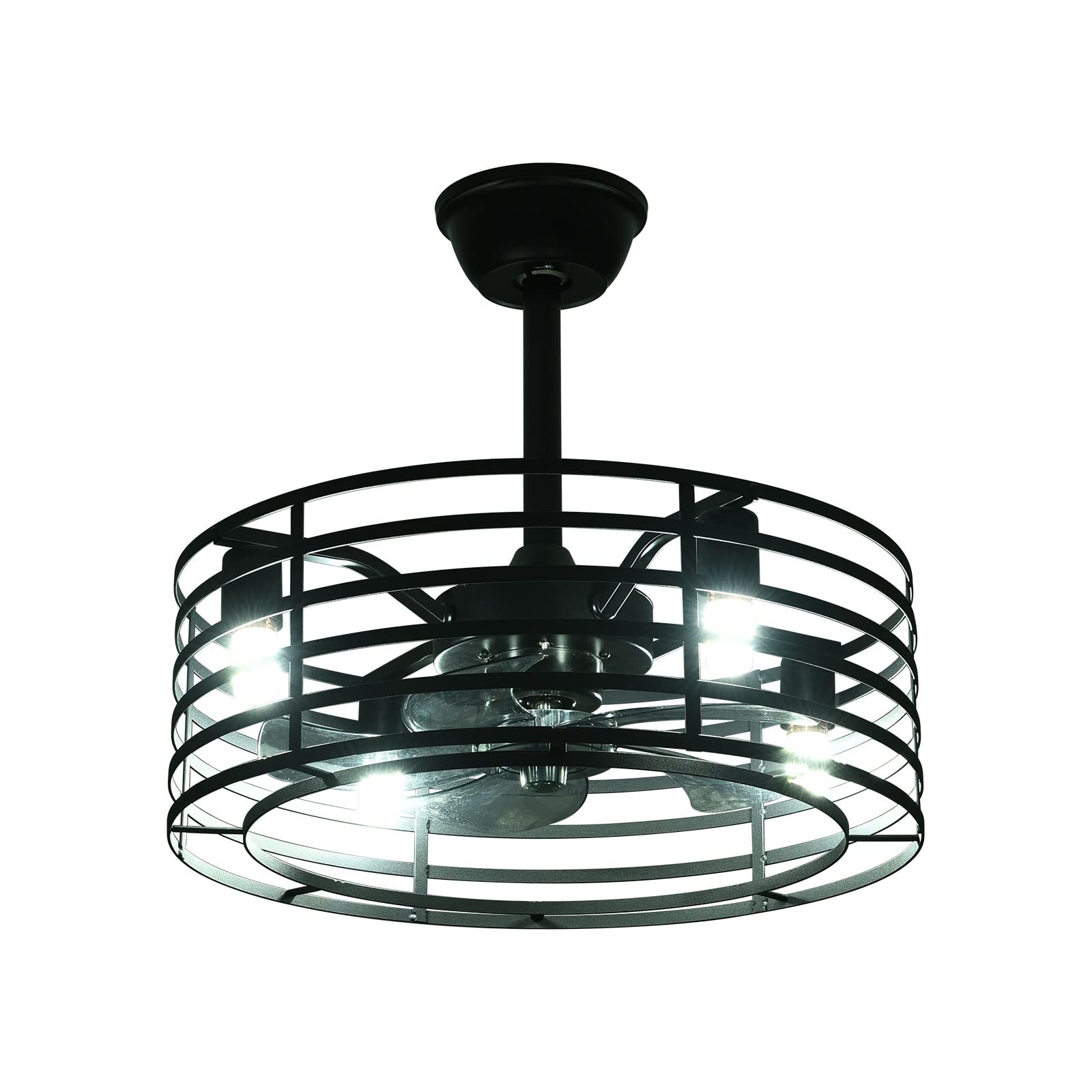 20 Inch Black Industrial Caged Ceiling Fan with Light and Remote Control - 3 Speed Adjustable Bladeless Design for Kitchen, Bedroom, Living Room & Farmhouse - E12 Base (Bulbs Not Included) - Perfect for Modern Homes and Rustic Decor