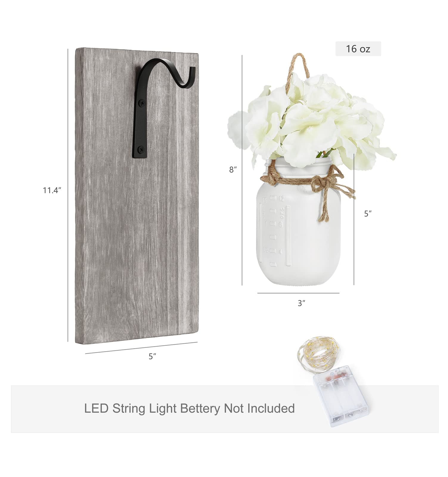 Rustic Farmhouse Mason Jar Wall Sconces Set of 2 - Wood Board with Fairy Lights & Flowers, White Bathroom Decor for Home, Kitchen, Living Room | Perfect for Fall, Wedding, and Cozy Indoor Lighting