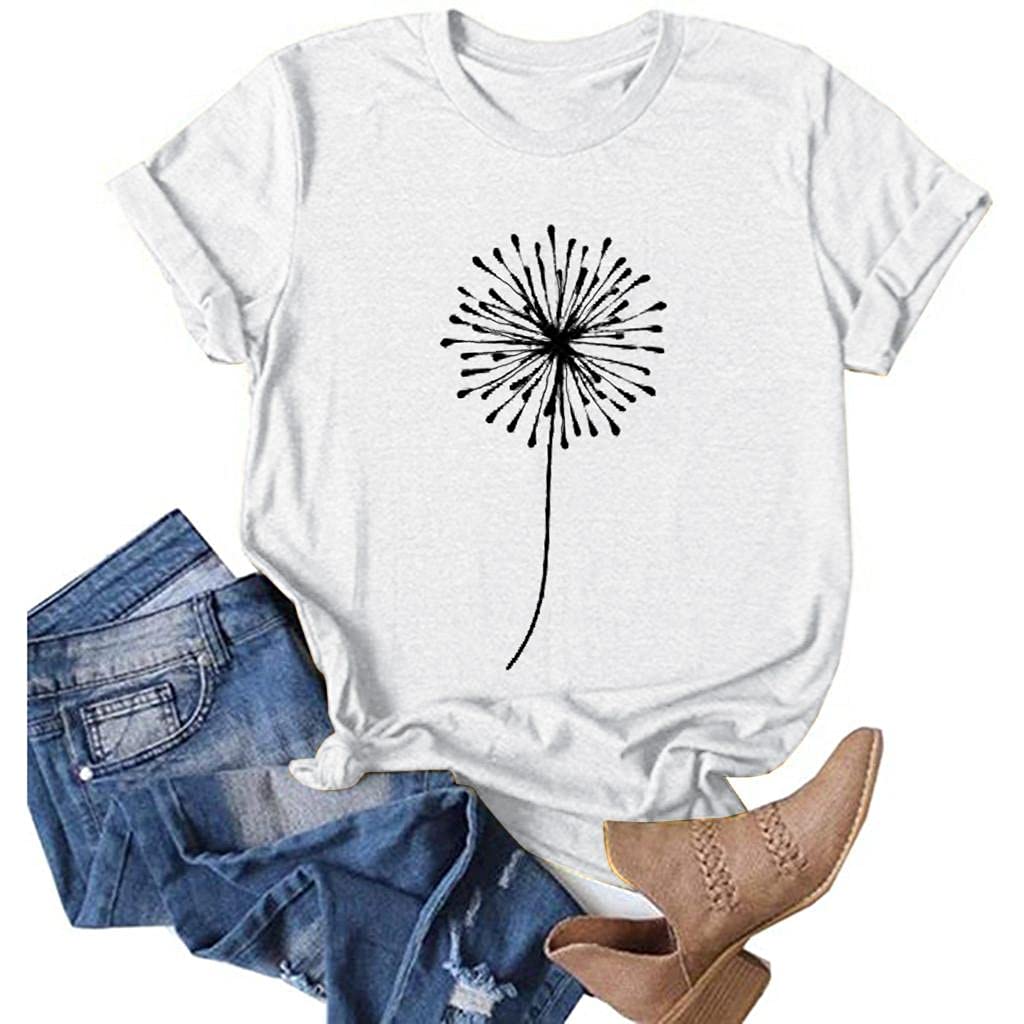 Trendy Women's Short Sleeve Dandelion Print T-Shirt - Summer Vacation Beach Tee, Loose Fit Casual Top for Outings, Travel & Relaxation