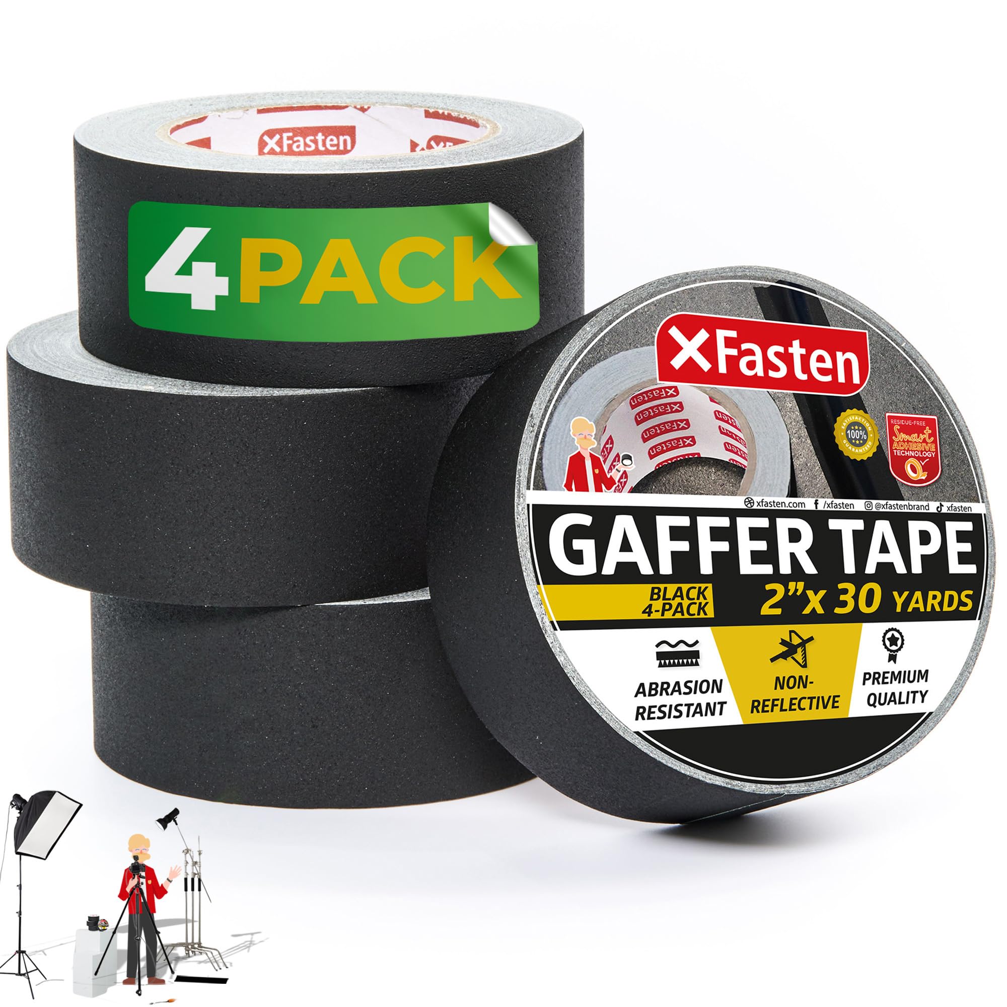 XFasten Black Gaffers Tape 2 Inch x 30 Yards (4-Pack, 360ft) - Residue-Free Matte Black Gaffer Tape for Stage, Studio & Electrical Cords - Non-Reflective, Easy-to-Tear Floor Tape for Professional Use