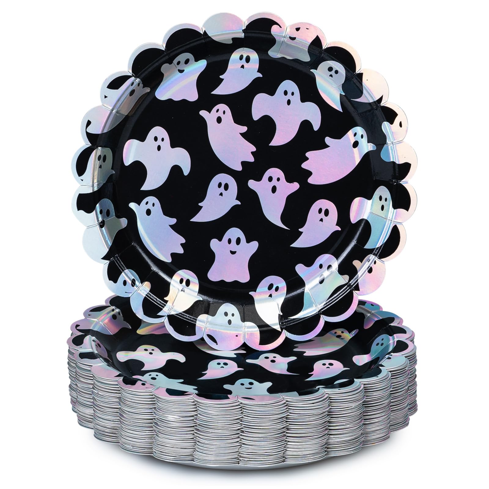 50-Count Halloween Paper Plates - Disposable Scalloped Dinner Plates with Ghost Pattern & Iridescent Silver Foil - Perfect for Halloween Parties, Trick-or-Treat Events & Spooky Dinner Decorations