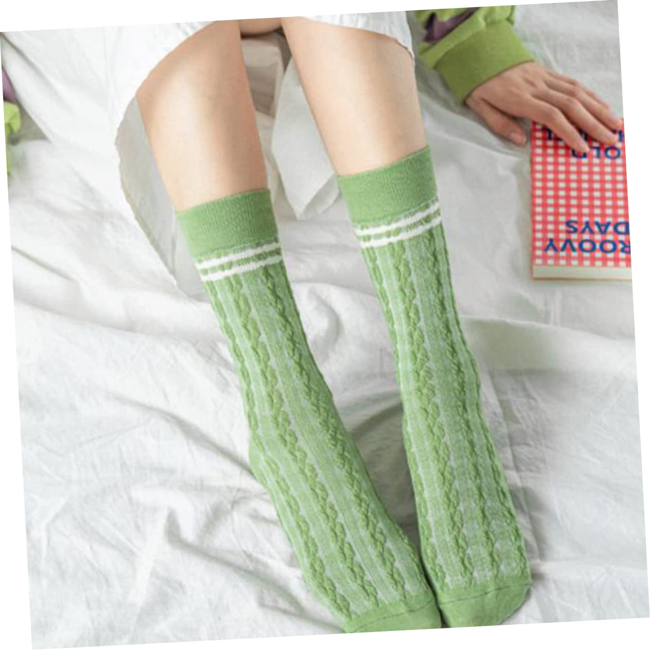 LIFKOME Women's Mid Crew Cotton Socks - Green Stripe Pattern, Comfortable Tube Stockings for Casual Wear, Running, and Everyday Use