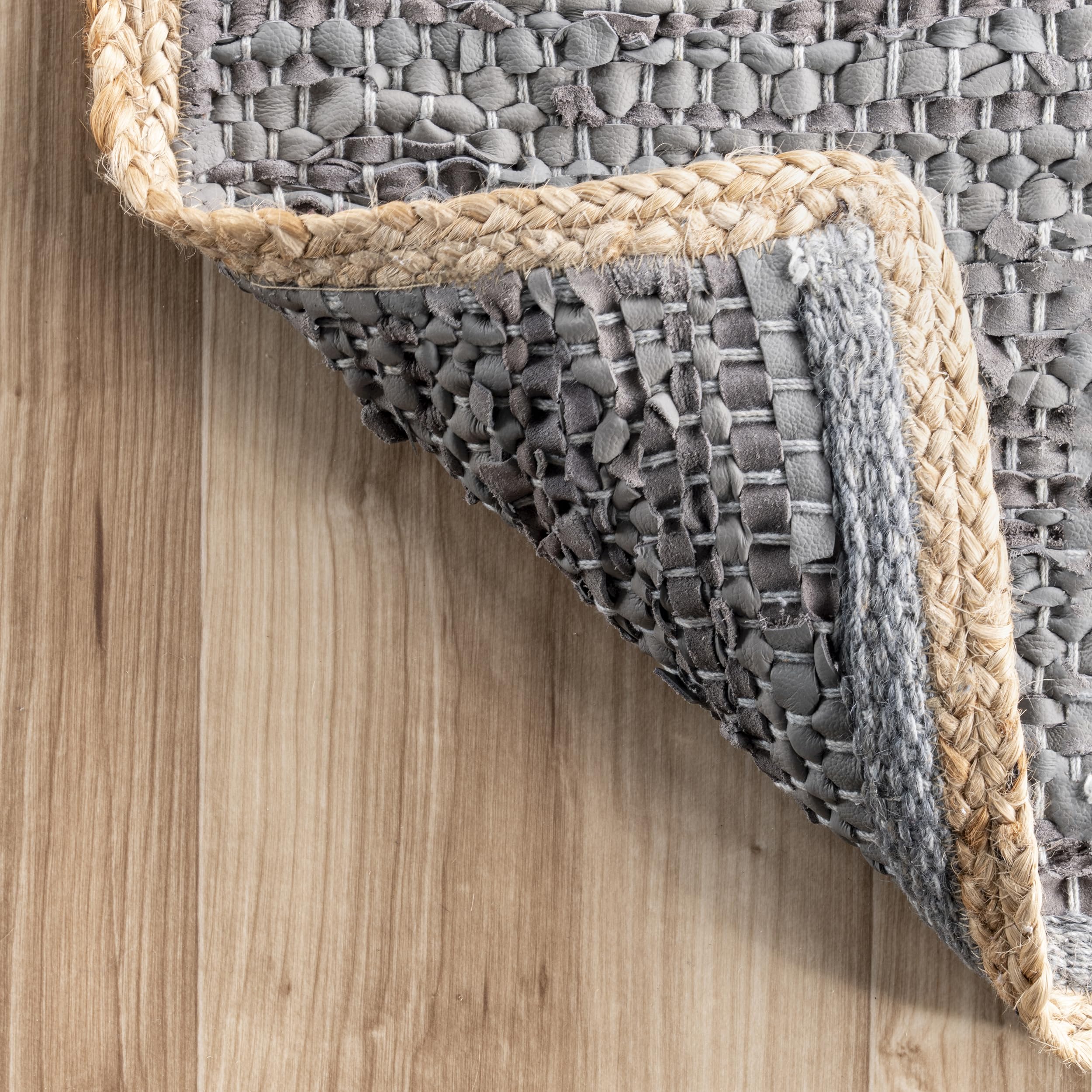 nuLOOM Sabby Hand Woven Leather Flatweave Area Rug 6x9 Feet - Soft Grey Bohemian Style Rug for Living Room, Bedroom & Home Decor