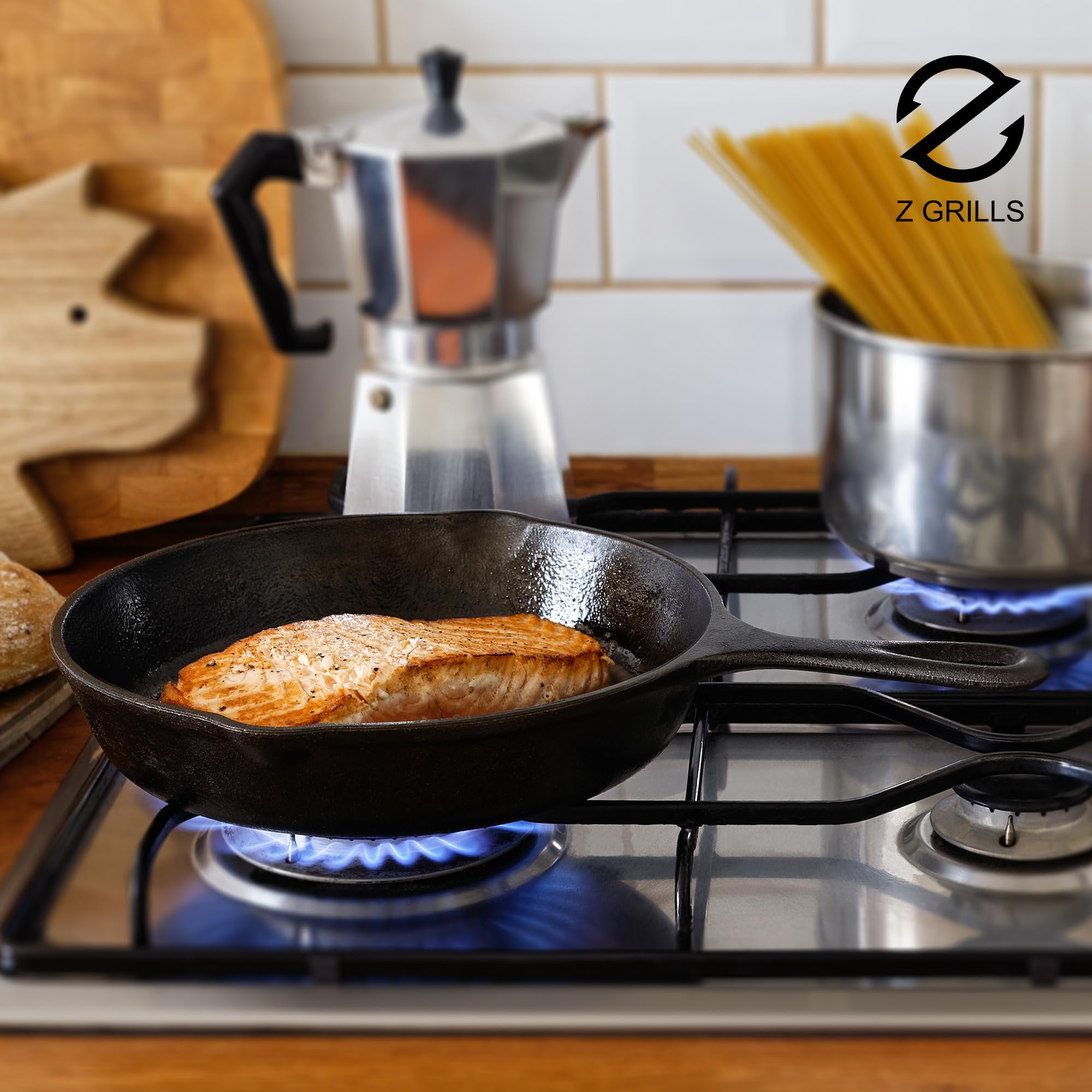 **Z GRILLS 12 Inch Pre-Seasoned Cast Iron Skillet – Heavy Duty Cast Iron Frying Pan for Stovetop, Grill, Oven, Induction & Camping – Perfect for Searing, Baking & Outdoor Cooking**    *(Use Cases: Ideal for searing steaks, baking cornbread, frying eggs, campfire cooking, and everyday stovetop meals.)*