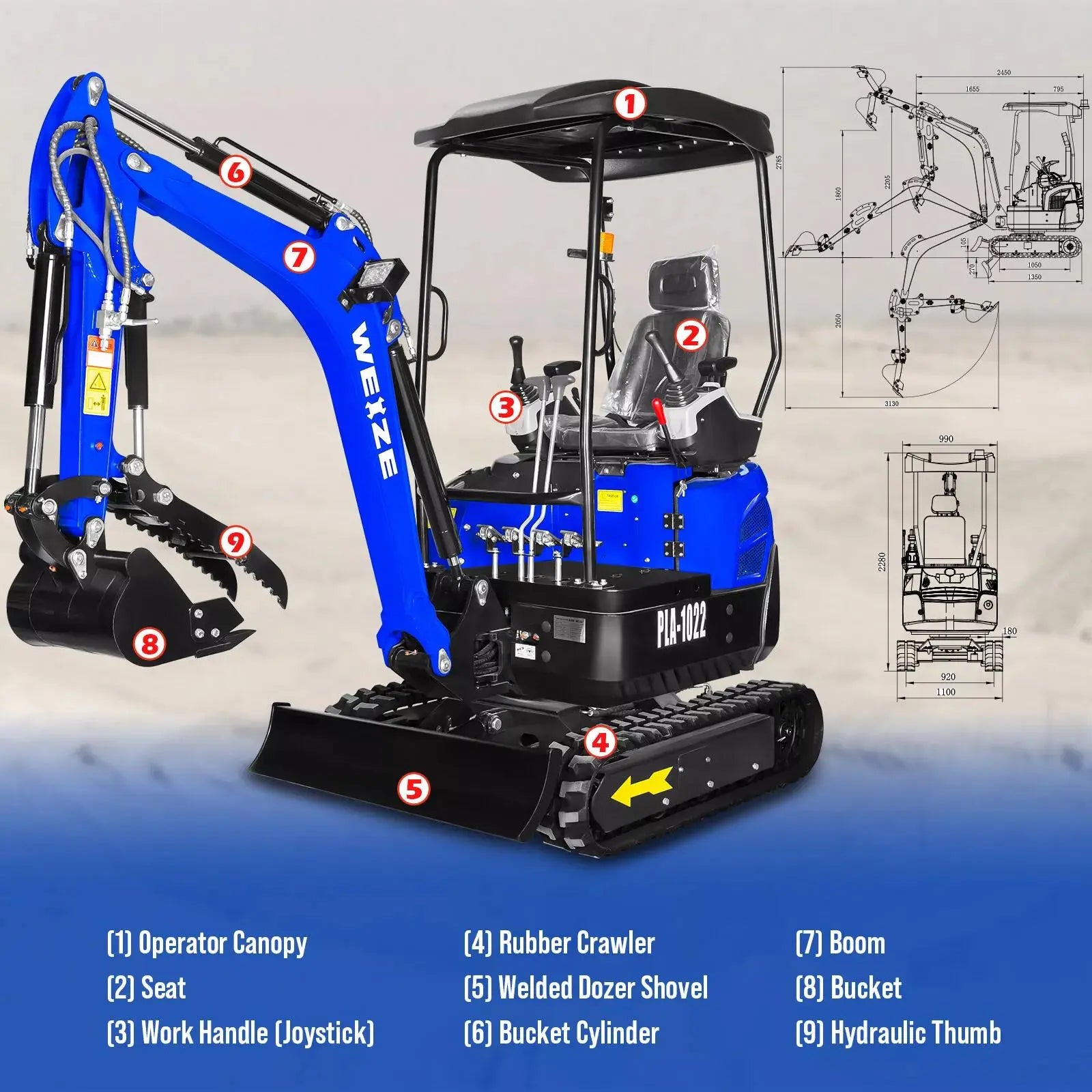 **WEIZE 1 Ton Mini Excavator - 13.5HP Gas-Powered Crawler Digger with Hydraulic Thumb & Bucket - Ideal for Landscaping, Trenching, and DIY Projects**