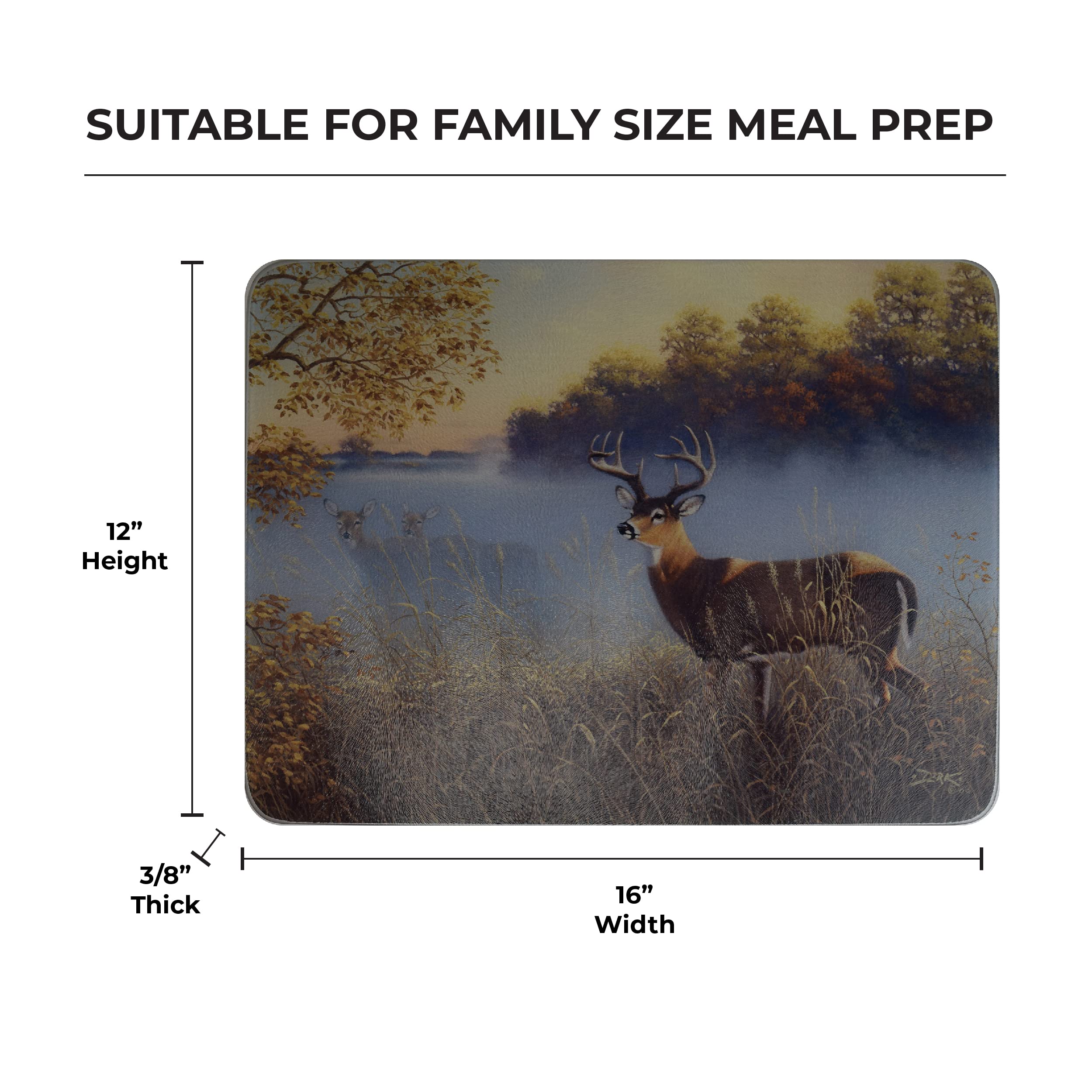 Rivers Edge Products 12x16 Inch Decorative Tempered Glass Cutting Board - Hypoallergenic Non-Slip Textured Surface Chopping Board for Kitchen - White Tail Deer Morning Fog Design - Perfect for Meal Prep, Charcuterie & Holiday Entertaining