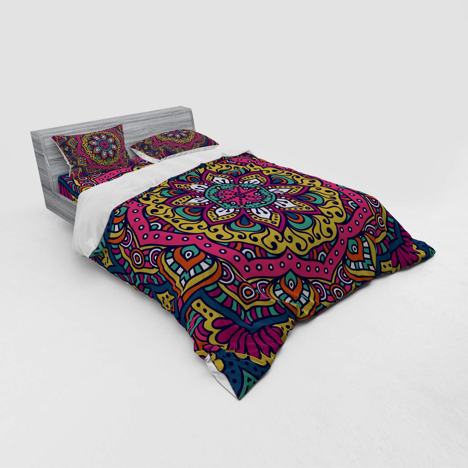 Ambesonne Mandala Bedding Set - Vibrant Bohemian Duvet Cover with Floral Cosmos Design, 4-Piece Queen Size (Duvet Cover + 2 Shams + Fitted Sheet) - Perfect for Boho Chic Bedrooms & Meditation Spaces