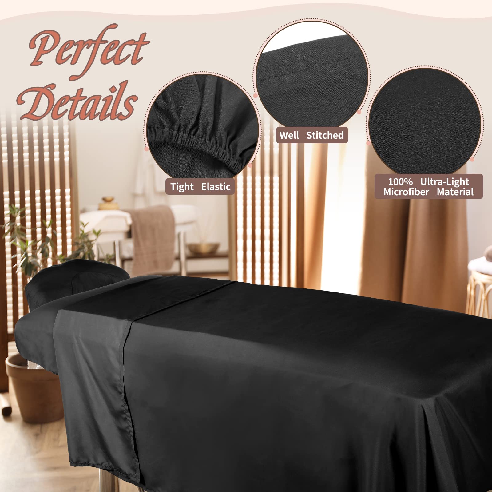 Oudain 4 Sets 3 Piece Soft Microfiber Massage Table Sheets Set - Includes Flat Sheet, Fitted Sheet & Face Rest Cover (Black) | Professional Spa, Massage Therapy & Salon Use