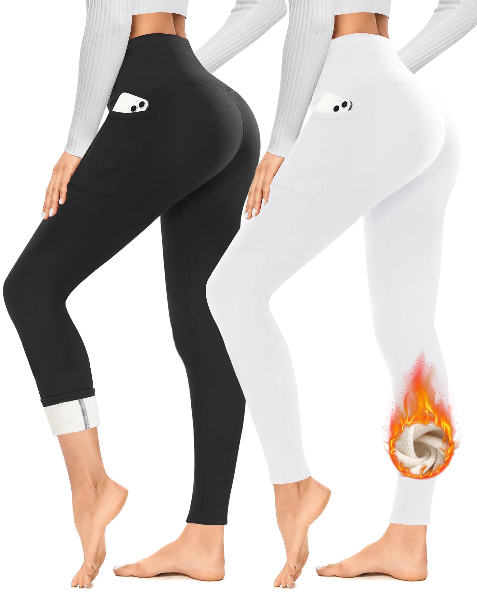 YOLIX 2 Pack Fleece Lined Thermal Leggings for Women with Pockets - High Waisted Winter Warm Yoga Pants (Black) - Perfect for Cold Weather Workouts, Lounge Wear & Outdoor Activities