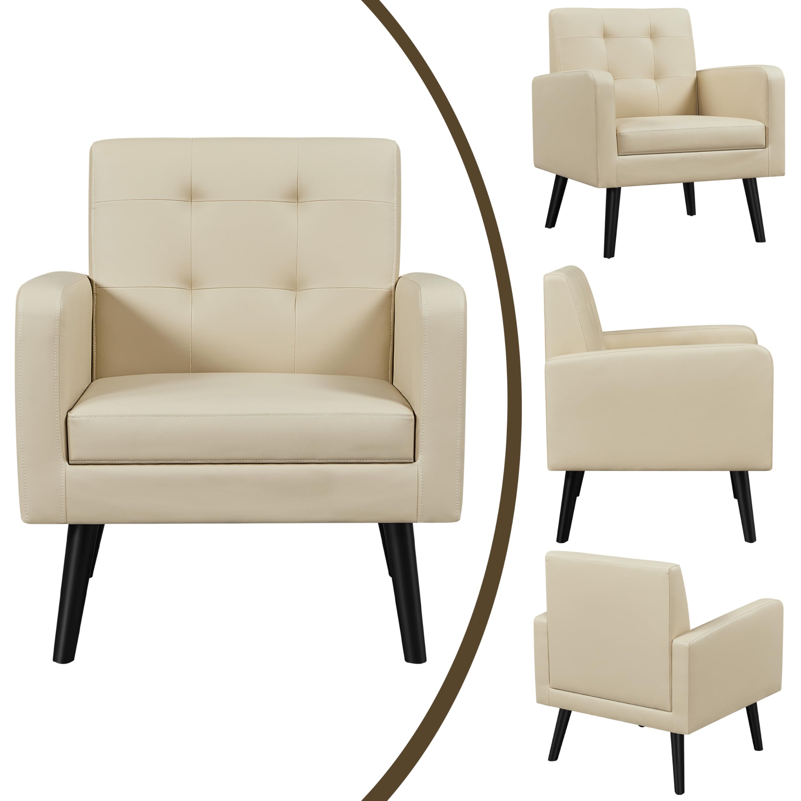 Yaheetech Mid-Century Modern Accent Chair - PU Leather Upholstered Armchair with Button Tufted Back & Wooden Legs for Living Room, Bedroom, Office or Cafe - Beige Home Decor for Relaxing & Stylish Seating
