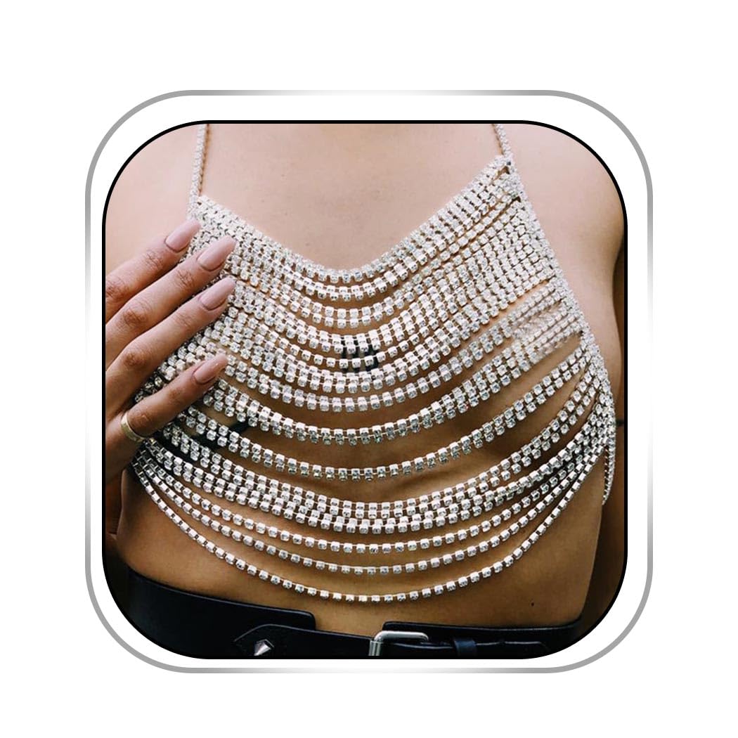 Boho Silver Rhinestone Bikini Bra - Sexy Backless Body Chain Halter with Sequins for Women | Beach Party, Music Festival & Summer Vacation Accessories