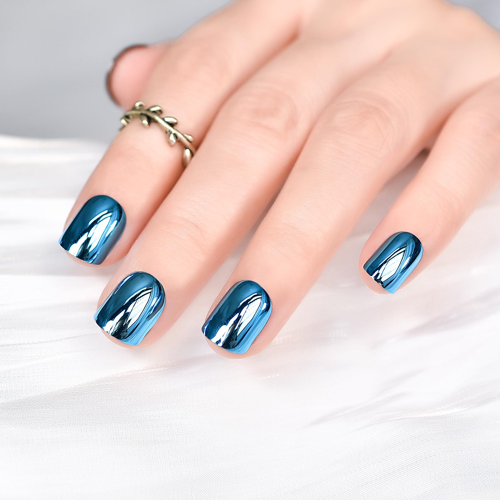 Blue Metallic Mirror Press On Nails - Medium Length Squoval False Nails with Glue | Reusable Acrylic Fake Fingernails for Women & Girls | Perfect for Office, Home, Party & Salon Manicure | Nail Art Tips for Everyday Wear & Special Occasions