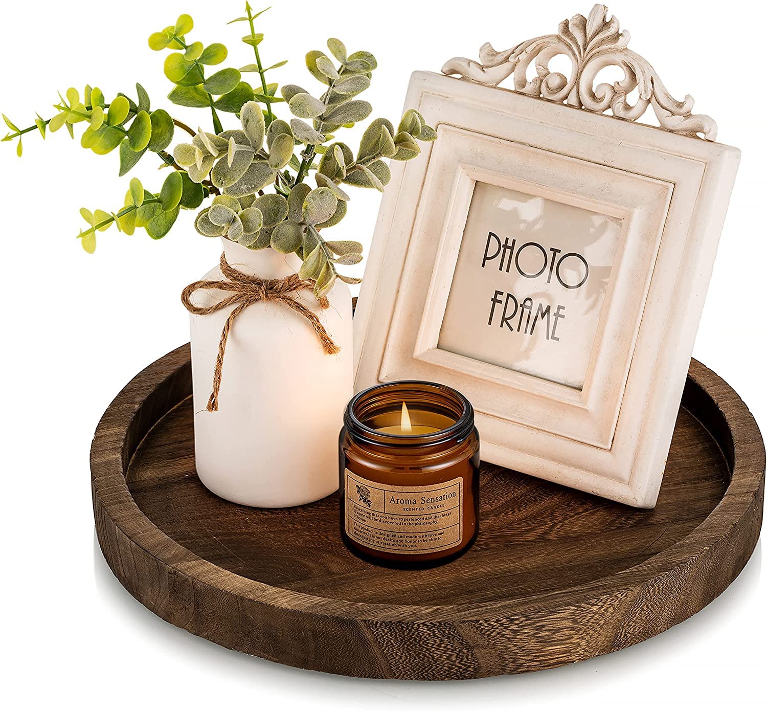 Rustic White Round Wooden Decorative Storage Tray - Farmhouse Coffee Table Centerpiece, Kitchen Counter & Bathroom Organizer - Perfect for Living Room, Bedroom & Home Decor