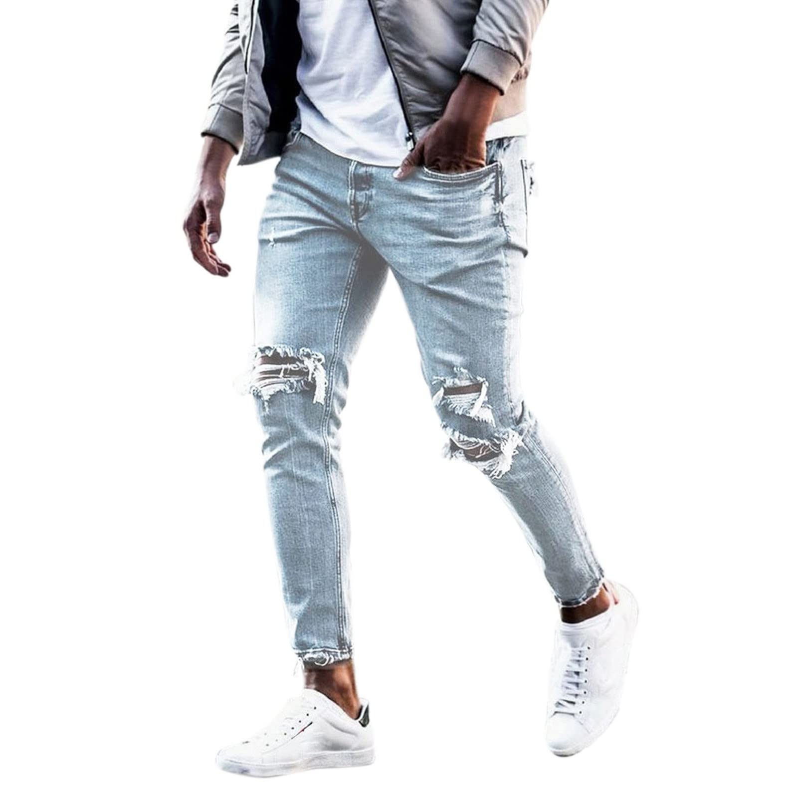 Men's Slim Fit Ripped Denim Jeans with Pocket - Mid Waist Baseball Pants for Youth & Adults | Casual Wear, Street Style, Everyday Outfit