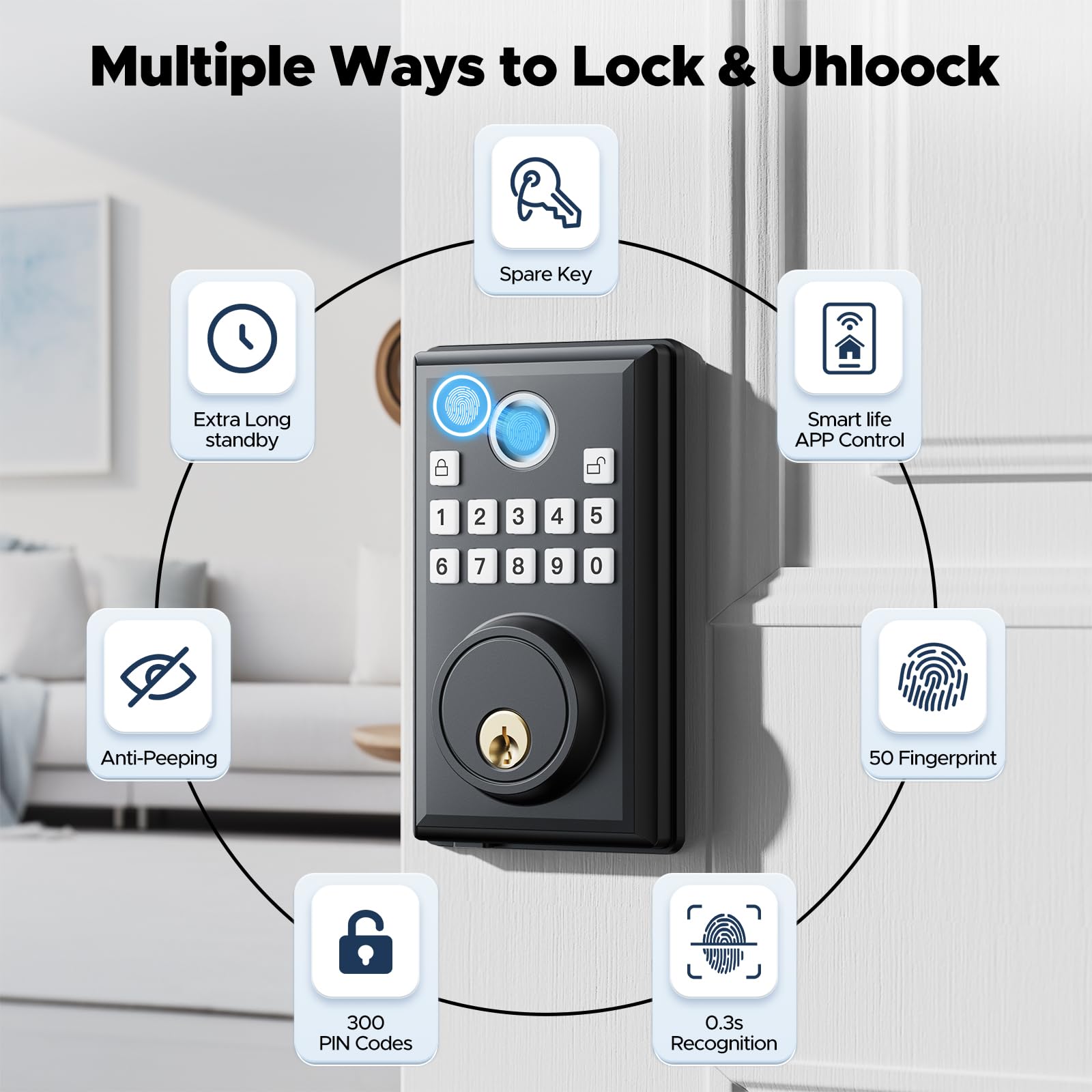 Smart Keyless Entry Door Lock - Fingerprint & APP Remote Control, Auto-Locking Deadbolt for Front Door/Bedroom, Easy Installation with 4 AA Batteries Included | Secure Your Home & Office with Touchless Access