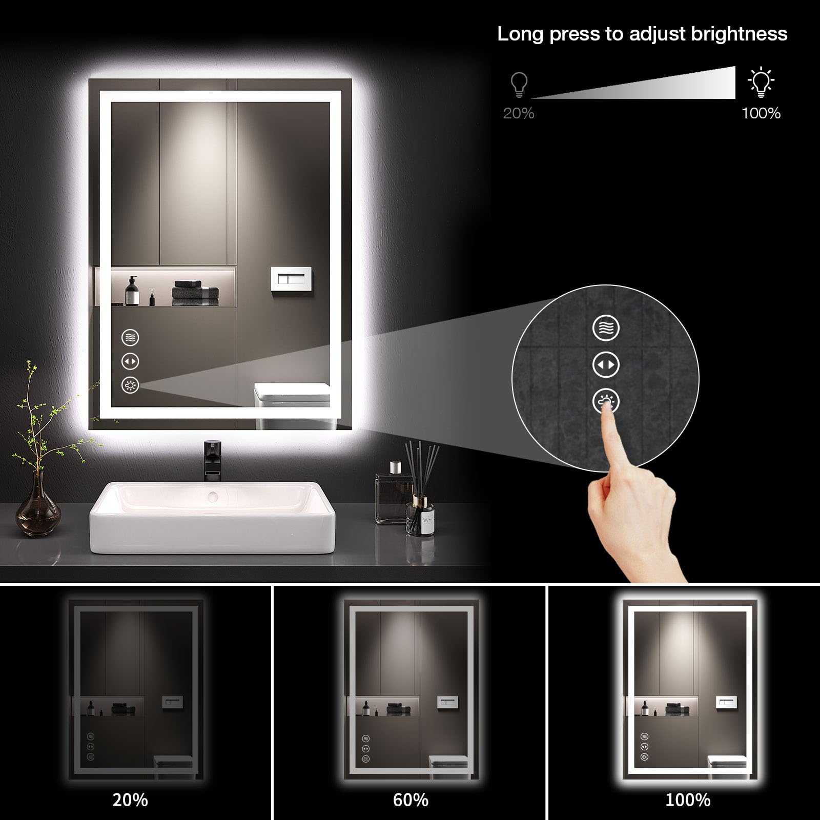 LOAAO 24X32 Inch LED Bathroom Mirror with Anti-Fog & Dimmable Backlit + Front Lighting - Wall Mounted Vanity Mirror with Memory Function, Shatterproof Tempered Glass (ETL Certified) - Perfect for Makeup, Shaving & Home Decor
