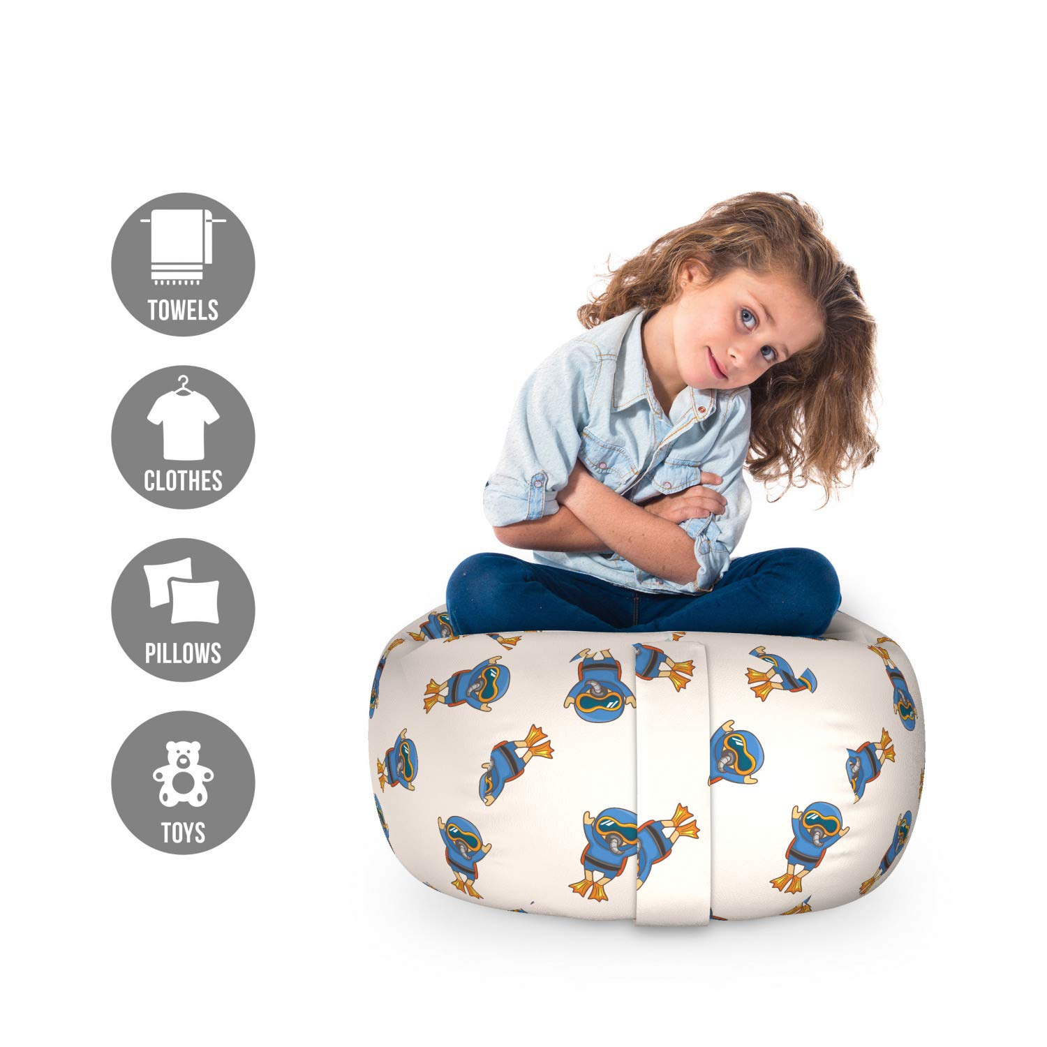 Ambesonne Diver Storage Toy Bag Chair - Washable Stuffed Animal Organizer with Repeating Diver Doodle Pattern, Small Multicolor - Perfect for Kids' Room, Playroom & Toy Storage Organization