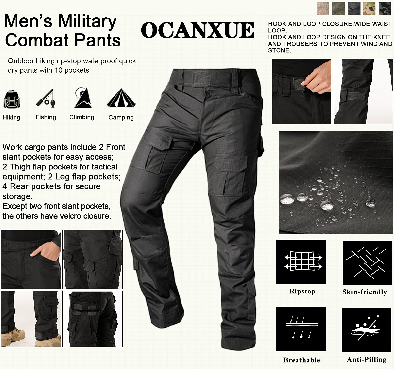 Men's Tactical Cargo Pants - Camouflage Ripstop Work & Hiking Pants with 10 Pockets (Belt Not Included) - Perfect for Outdoor Adventures, Military Training & Casual Wear