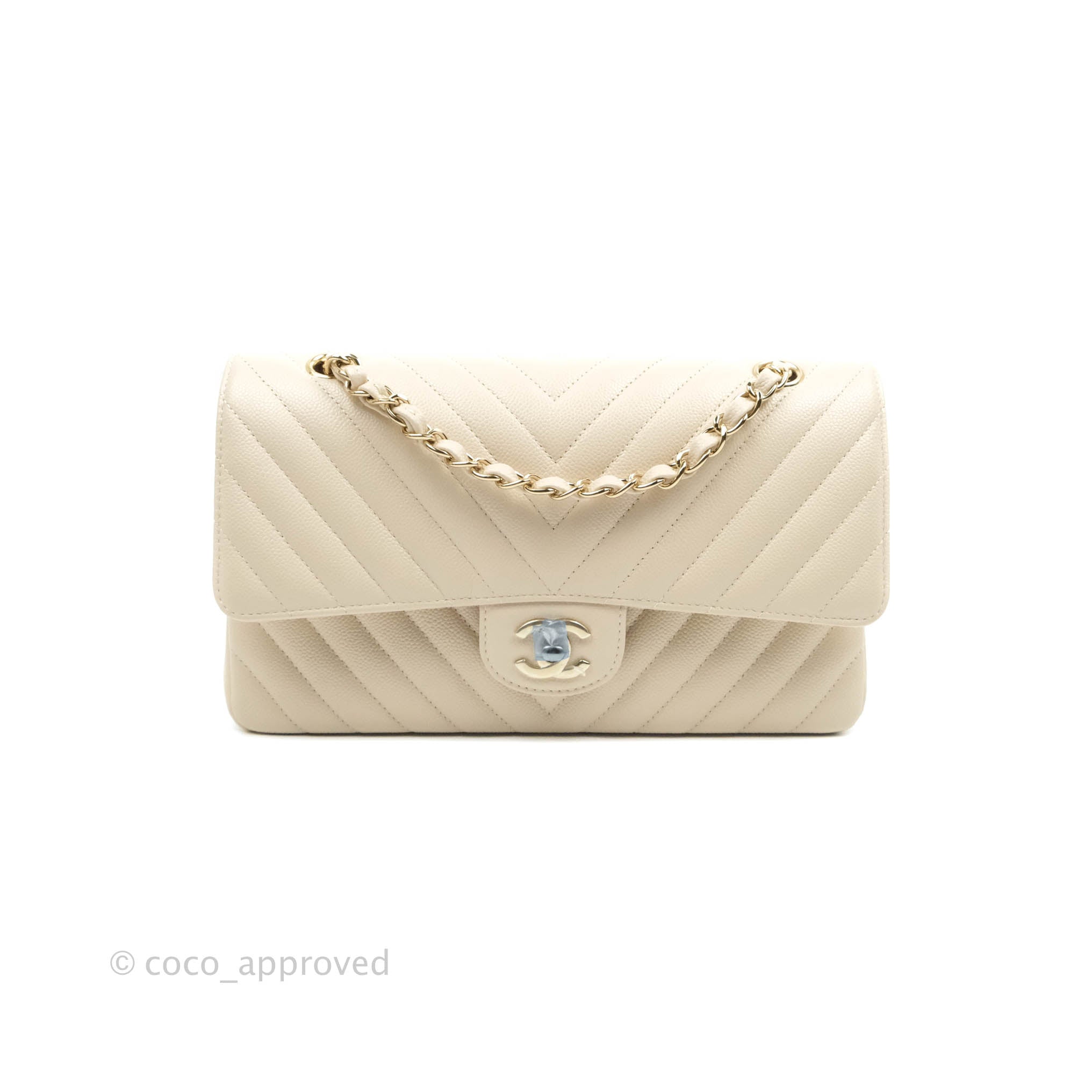 Chanel Classic Medium Double Flap Bag - Chevron Light Beige Caviar Leather with Gold Hardware (20B Collection) | Luxury Crossbody Purse for Women, Perfect for Date Nights & Special Occasions