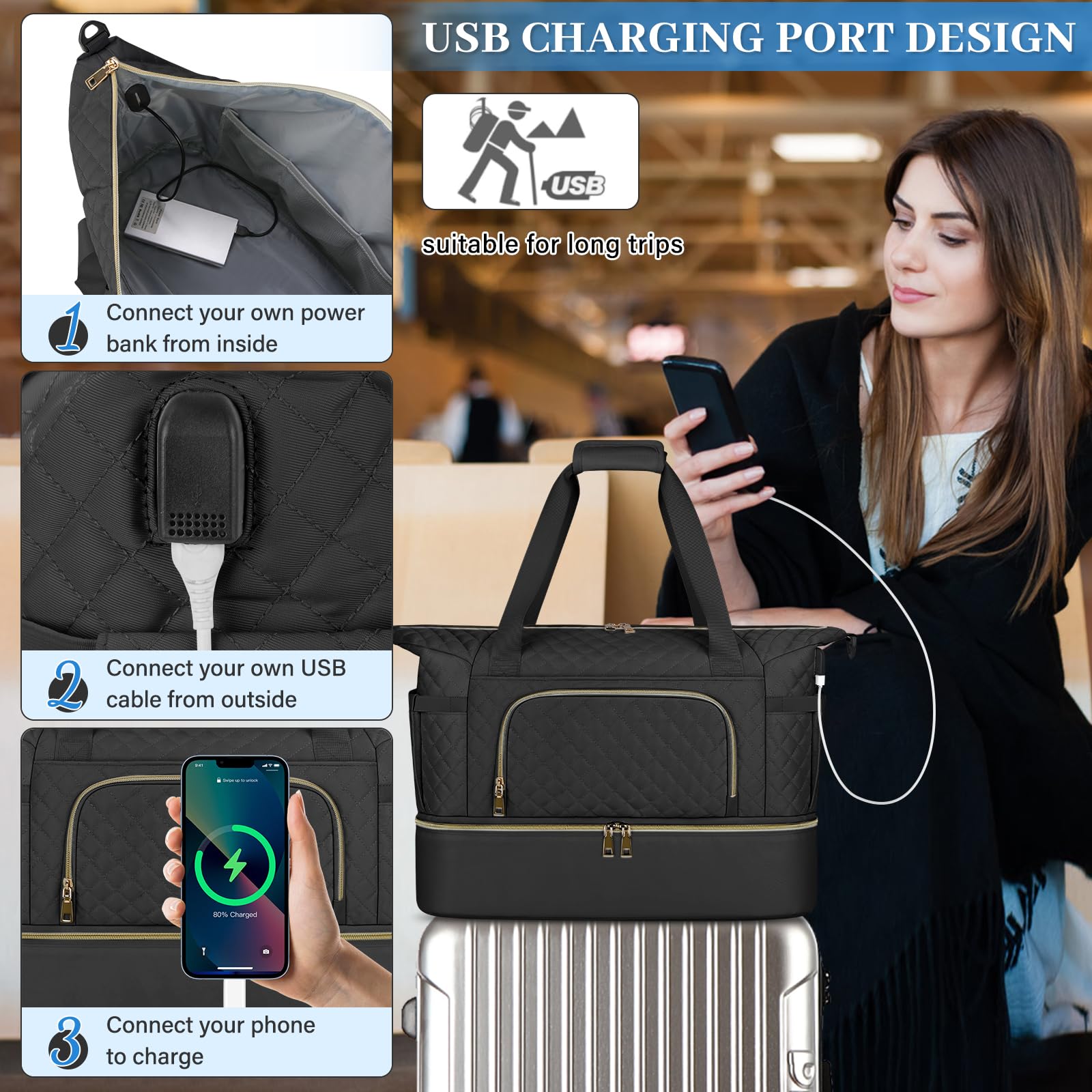 Large Duffle Gym Bag for Women - Waterproof Travel Weekender with Wet Pocket, USB Charging Port & Shoe Compartment - TSA Approved Carry On for Sports, Overnight Trips & Hospital Visits (Includes Toiletry Bag, Black) - Perfect for Gym, Travel, Workouts & Weekend Getaways