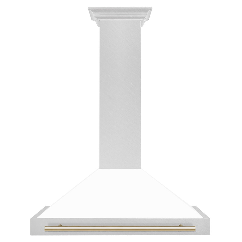 ZLINE KB4SNZ WM30 G 30-Inch Convertible Wall Mount Range Hood - Satin Stainless Steel with White Matte Shell & Polished Gold Handle - Autograph Edition - Perfect for Modern Kitchens & Open-Concept Homes