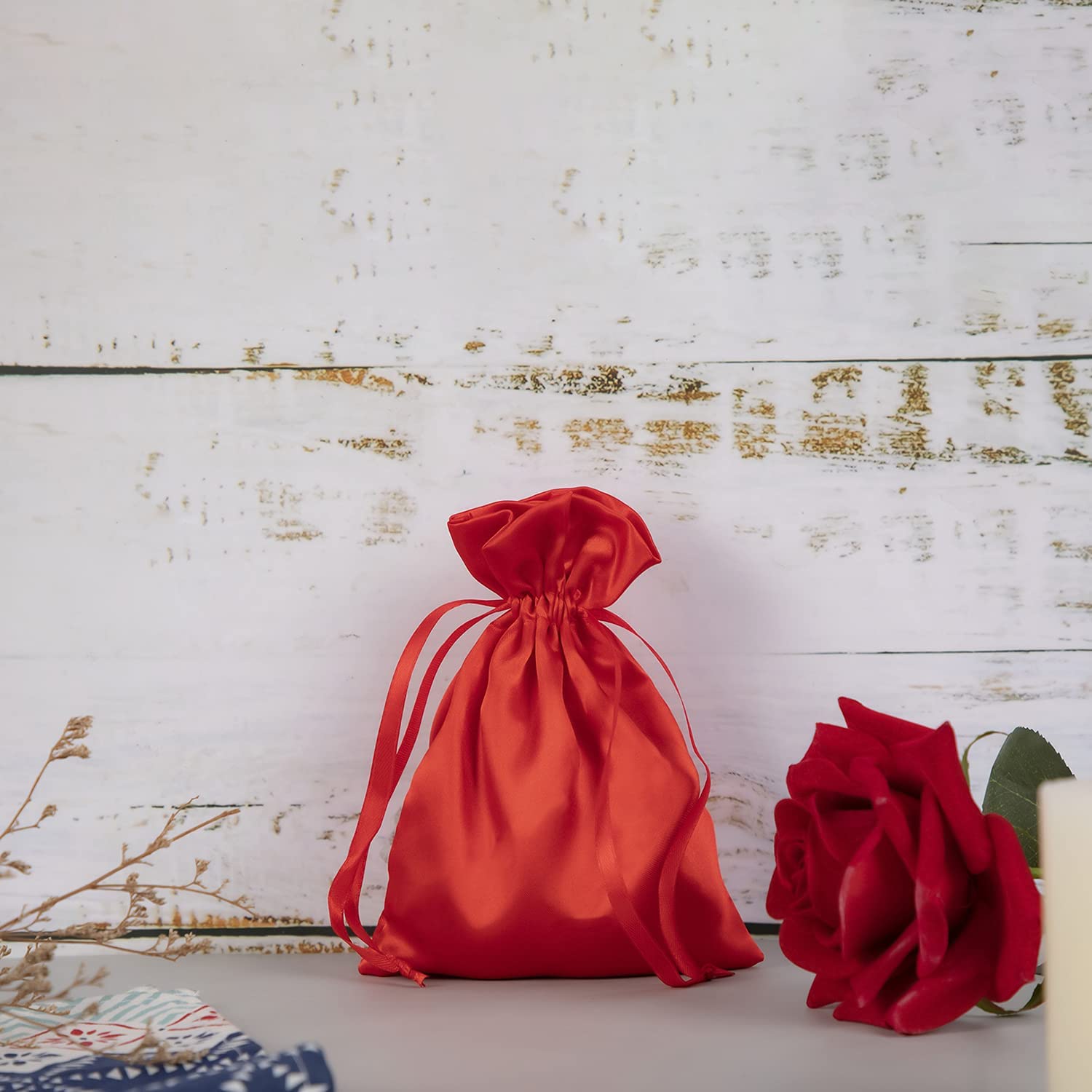 50 Pack 6x9.5 Inch Red Satin Drawstring Gift Bags - Small Jewelry Pouches, Wedding Favors, Baby Shower Party Favors - Perfect for Bridesmaid Gifts, Christmas Stocking Stuffers & Birthday Party Decorations
