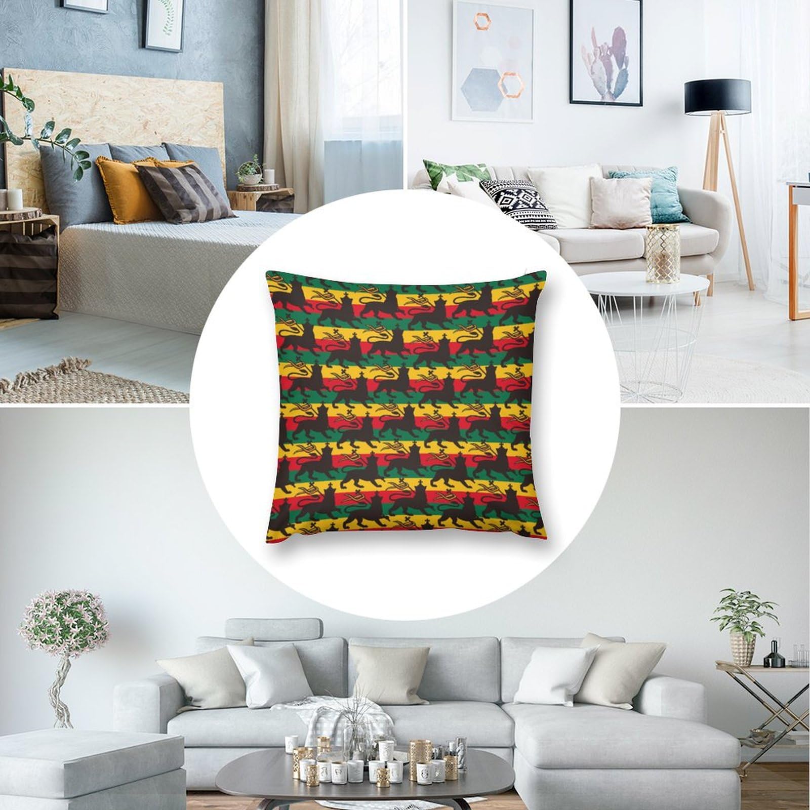 Rastafarian Flag Lion Plush Pillow Covers - Soft 20x20 Inch Cushion Cases for Sofa & Bed (Set of 4) - Perfect for Home Decor, Reggae Themed Rooms & Cultural Displays