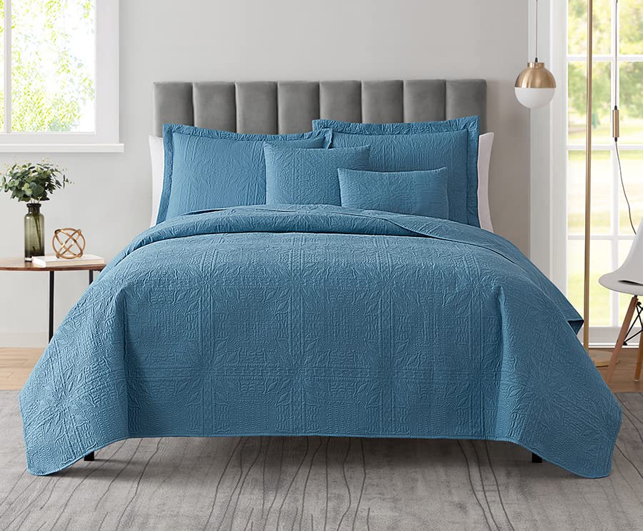 Clara Clark Queen Size Quilt Set - 5 Piece All Season Lightweight Bedspread Coverlet with Pillow Shams, Pinsonic Weave Grid Design in Blue Heaven - Perfect for Bedroom, Guest Room & Dorm Decor
