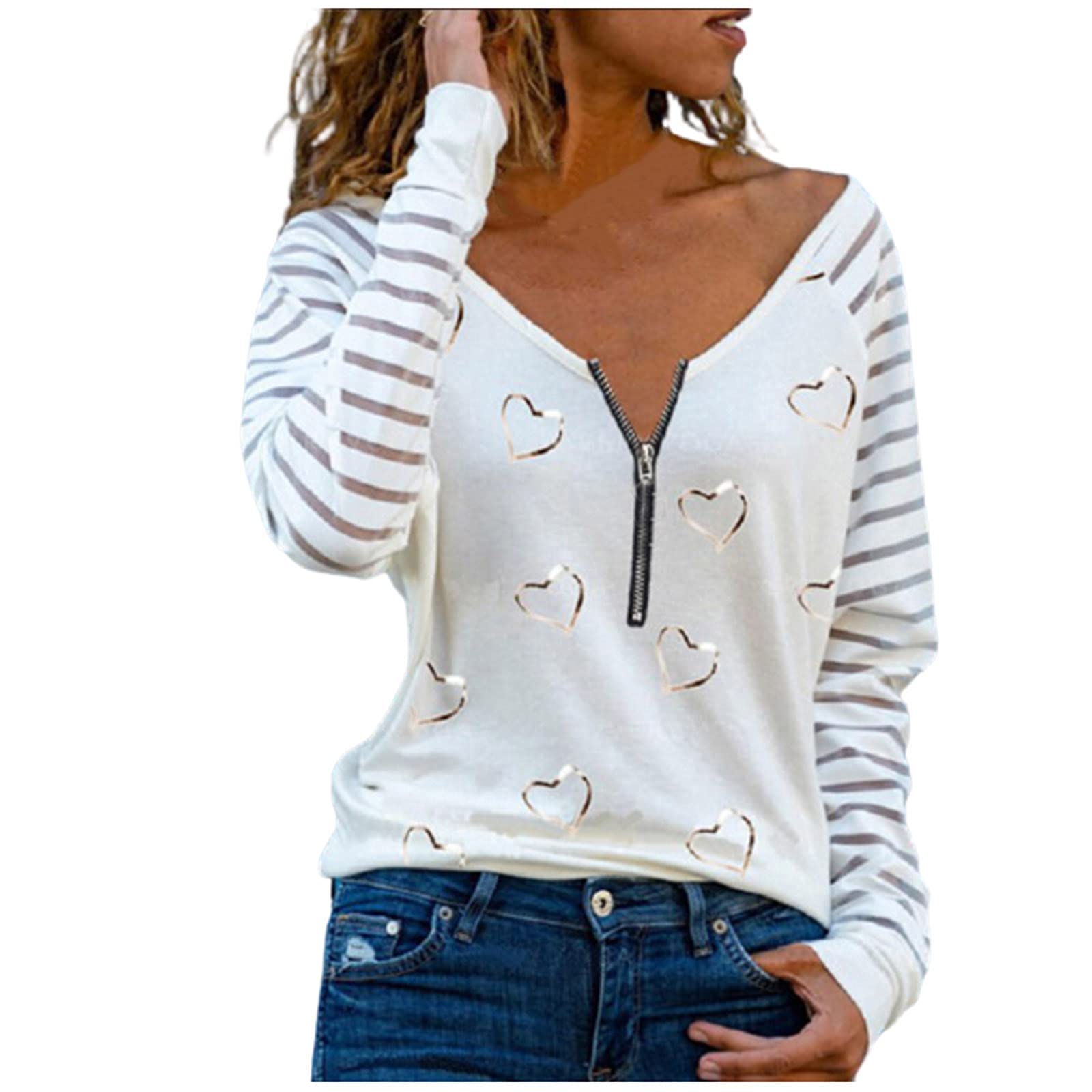 Women's Fall Casual Long Sleeve Striped Printed Blouse with Zipper Detail - Graphic Tee for Autumn Outfits, Workwear & Weekend Style