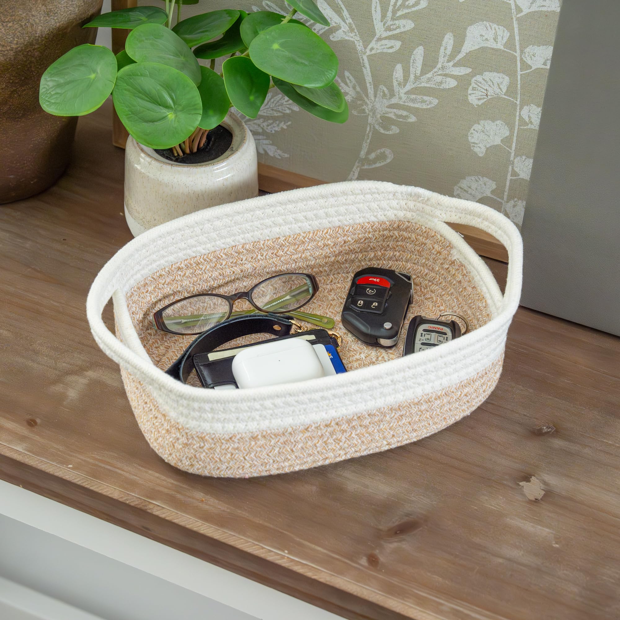 OrganiHaus Set of 5 Small Woven Rope Storage Baskets - Honey & White | Rectangle Organizing Bins for Bathroom, Nursery, Office & Home Decor | Space-Saving Storage Solution for Toiletries, Toys & Essentials