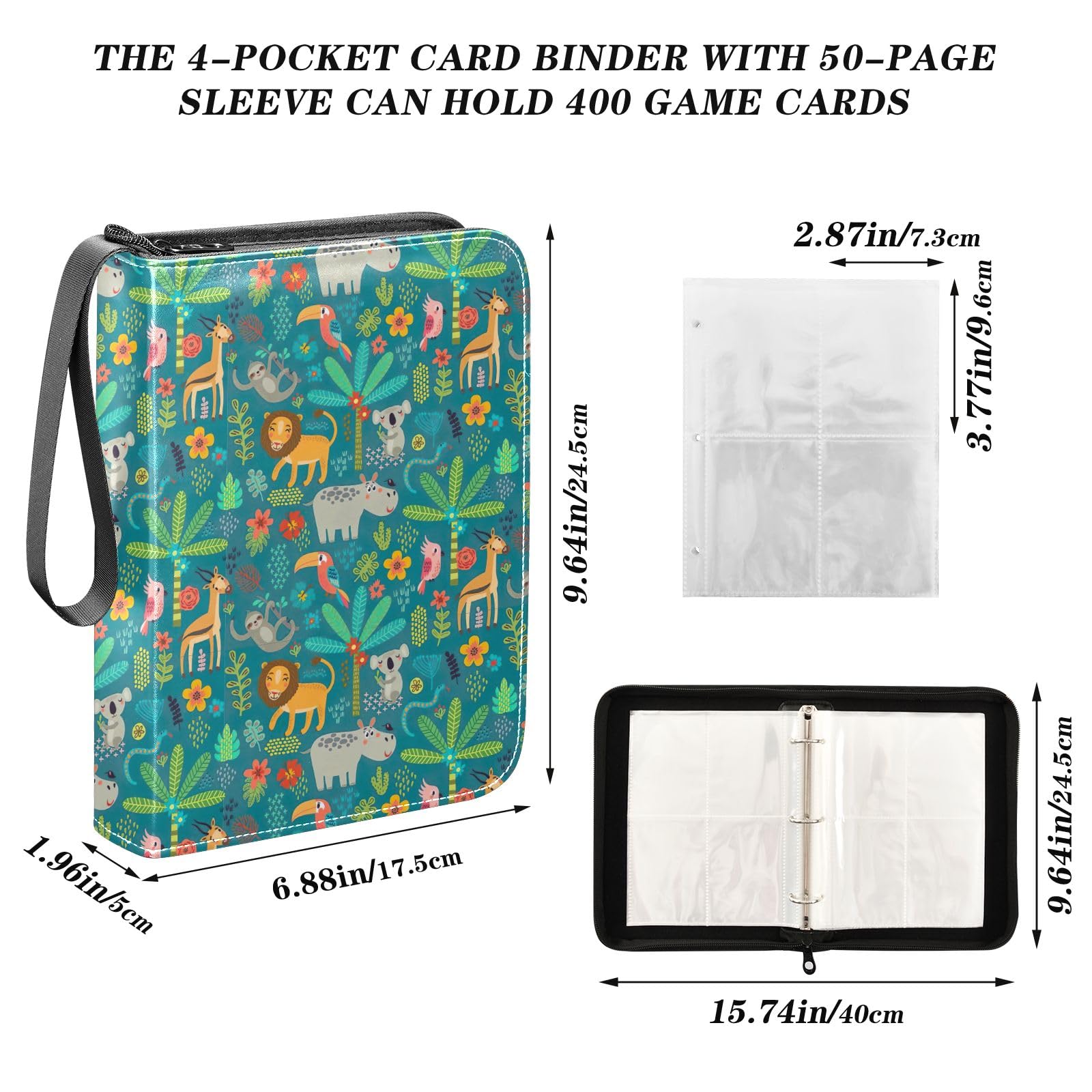 Jungle Animals 3-Ring Trading Card Binder - Holds 400 Sports & Game Cards - Durable Collector's Album for Pokemon, MTG, Baseball Cards - Perfect for Organizing & Protecting Valuable Collections at Home, School or Tournaments