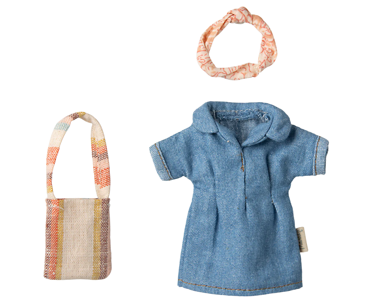 Stylish Denim Dress and Matching Bag Set - Mum Mouse Maileg Collection | Perfect for Kids' Playtime, Dress-Up, and Gift-Giving
