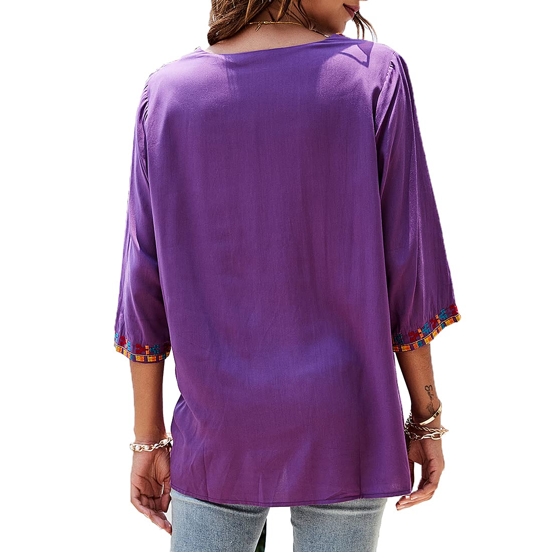 AK Embroidered Women's 3/4 Sleeve Peasant Blouse - Mexican Style V-Neck Tunic Top for Casual Wear | Perfect for Boho Outfits, Summer Vacations & Festival Fashion